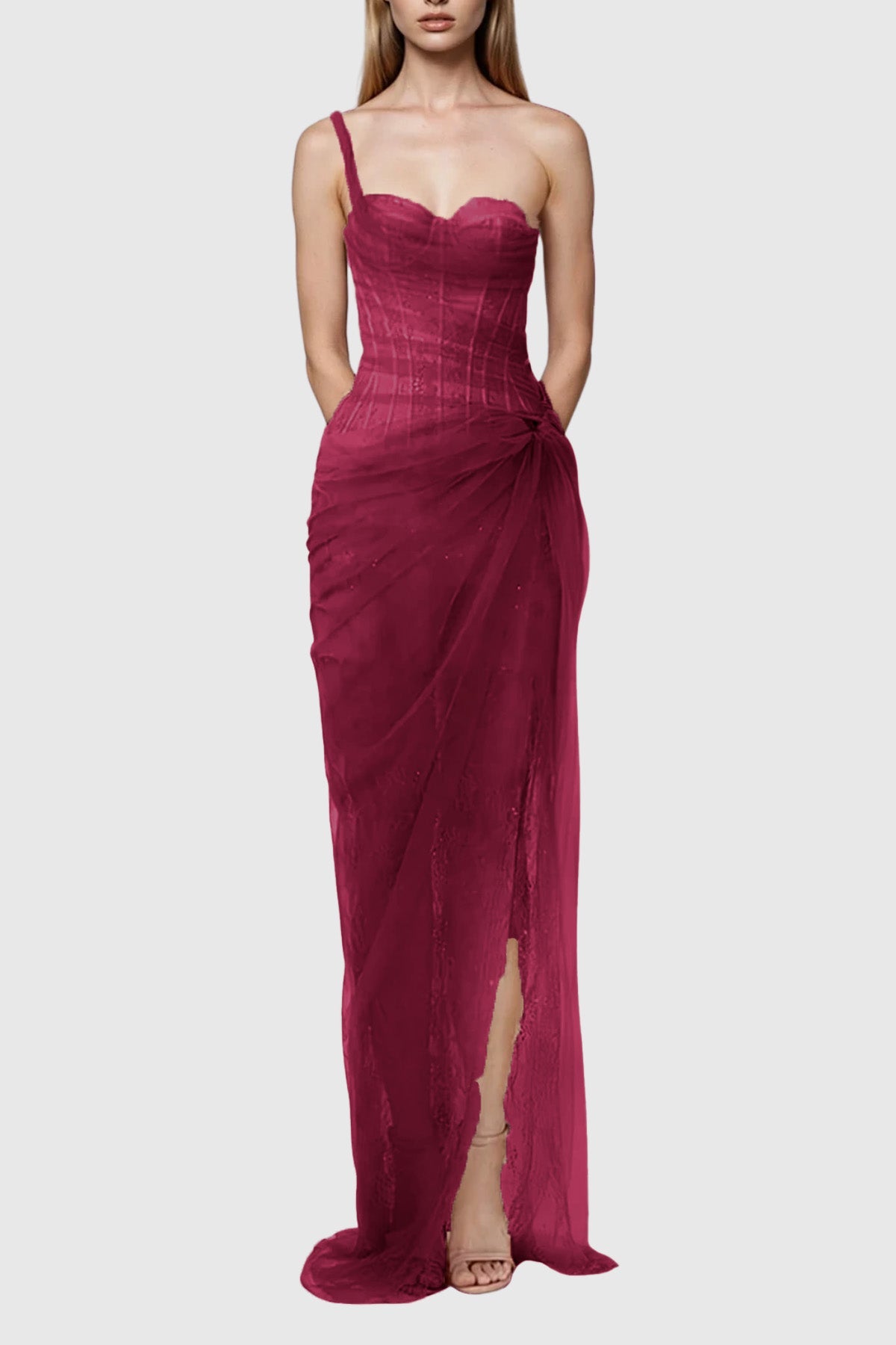 Dechen One Shoulder Corset Mesh Maxi Dress In Red