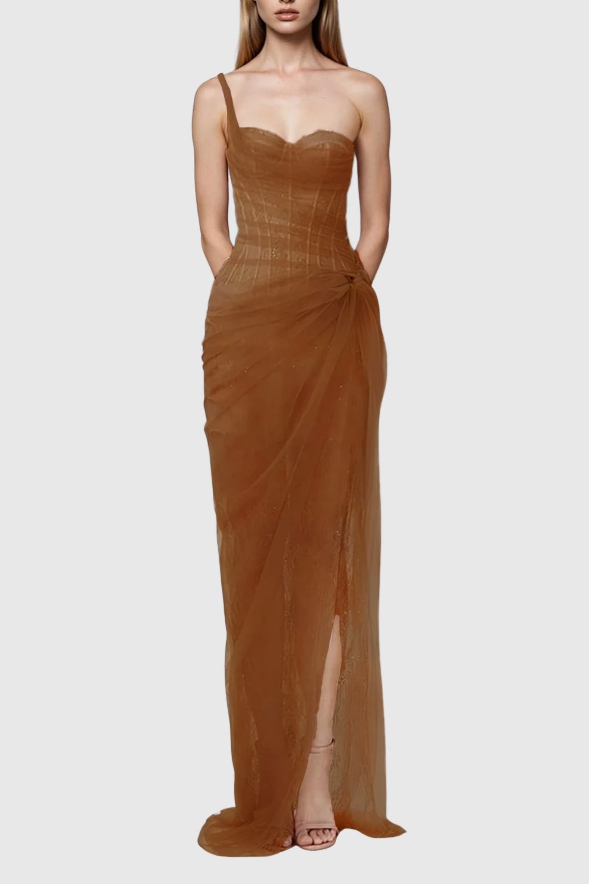 Dechen One Shoulder Corset Mesh Maxi Dress In Brown