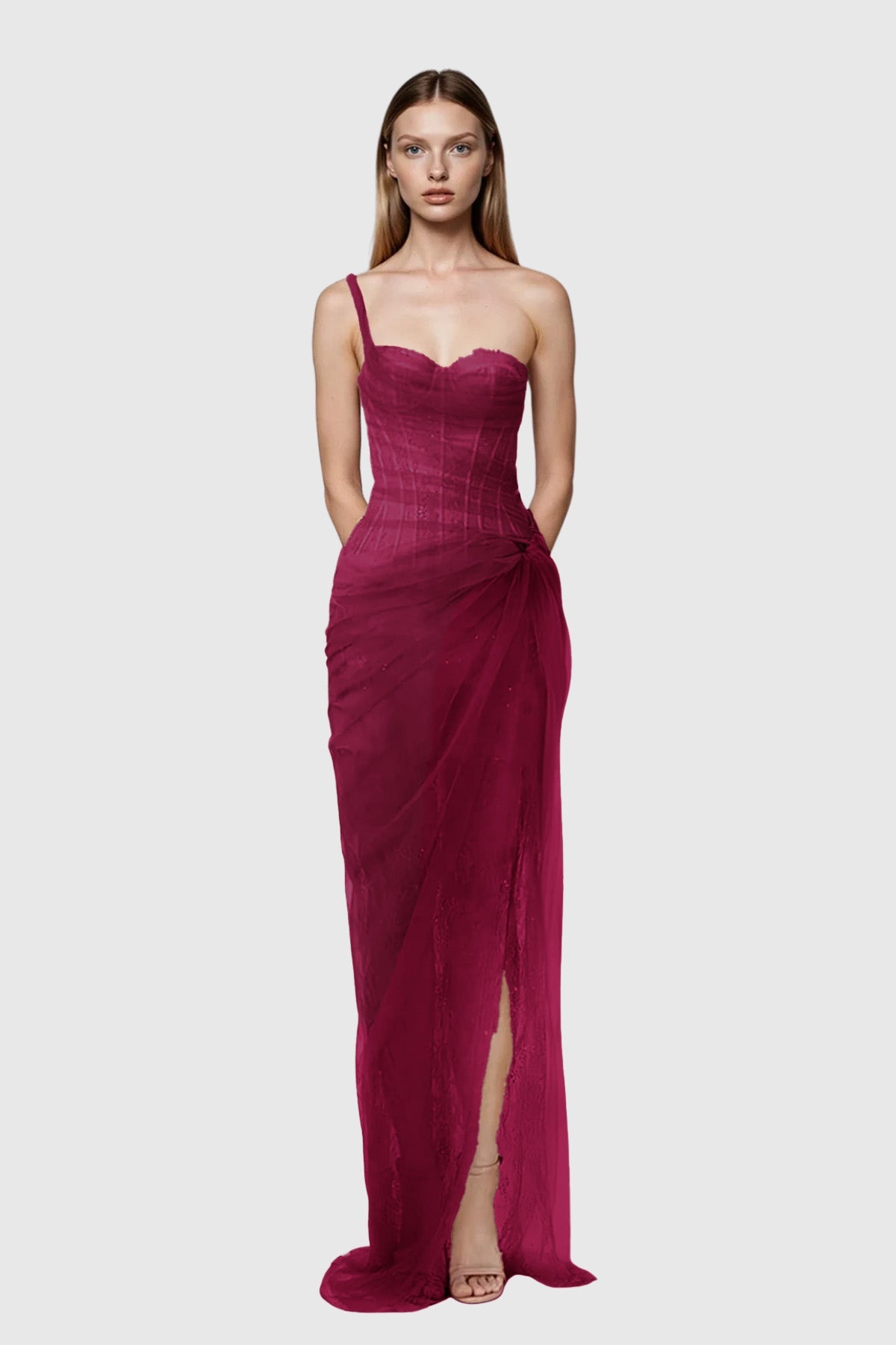 Dechen One Shoulder Corset Mesh Maxi Dress In Red