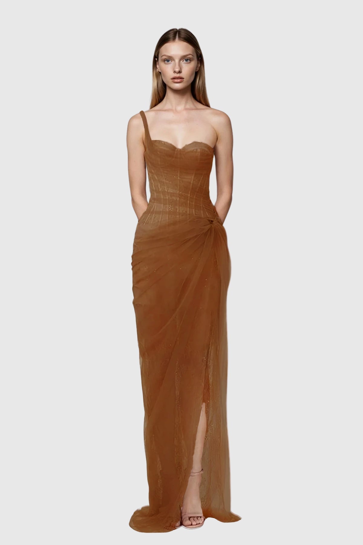 Dechen One Shoulder Corset Mesh Maxi Dress In Brown