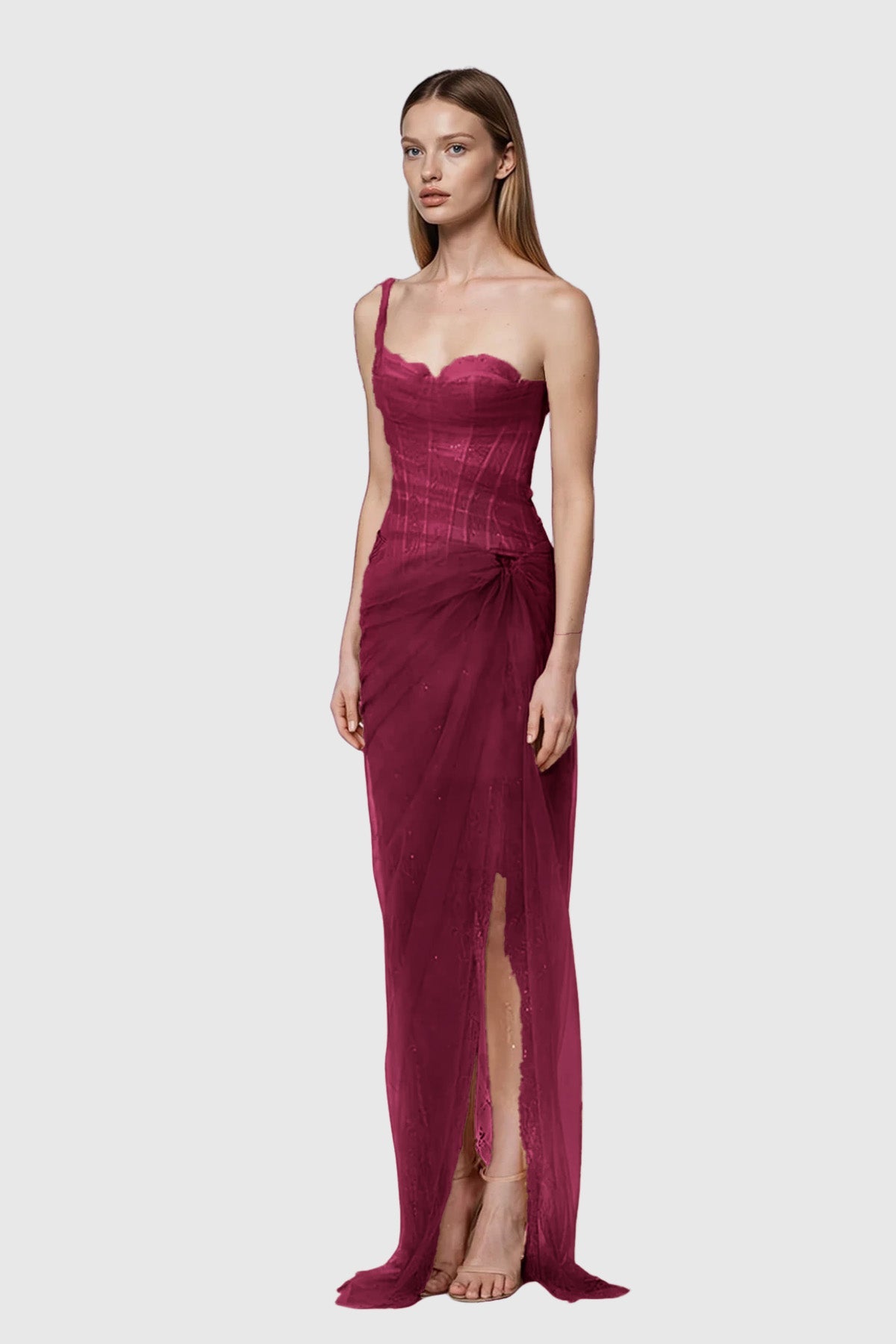 Dechen One Shoulder Corset Mesh Maxi Dress In Red