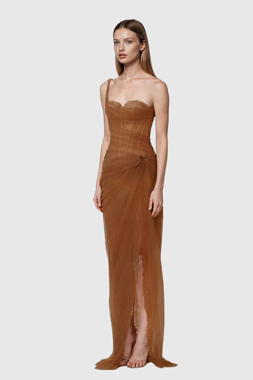 Dechen One Shoulder Corset Mesh Maxi Dress In Brown