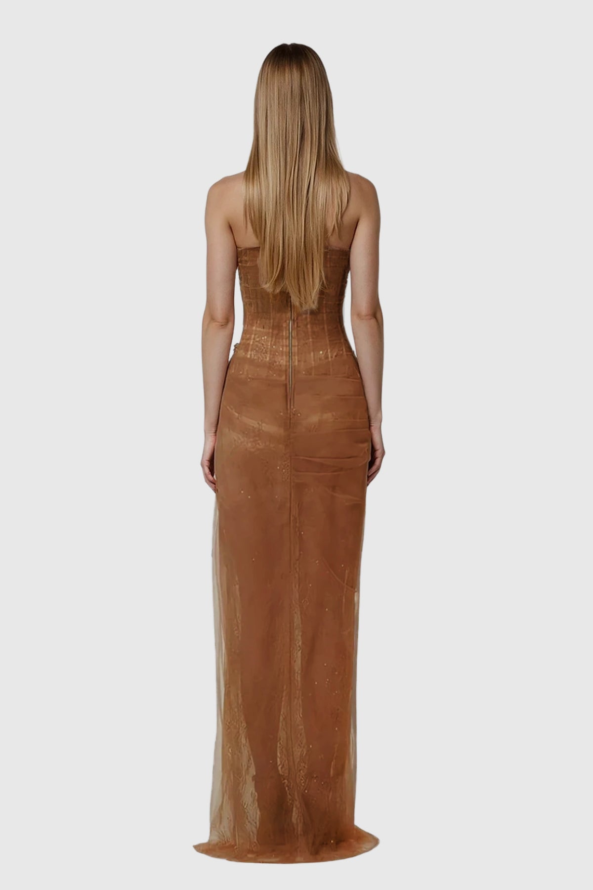 Dechen One Shoulder Corset Mesh Maxi Dress In Brown
