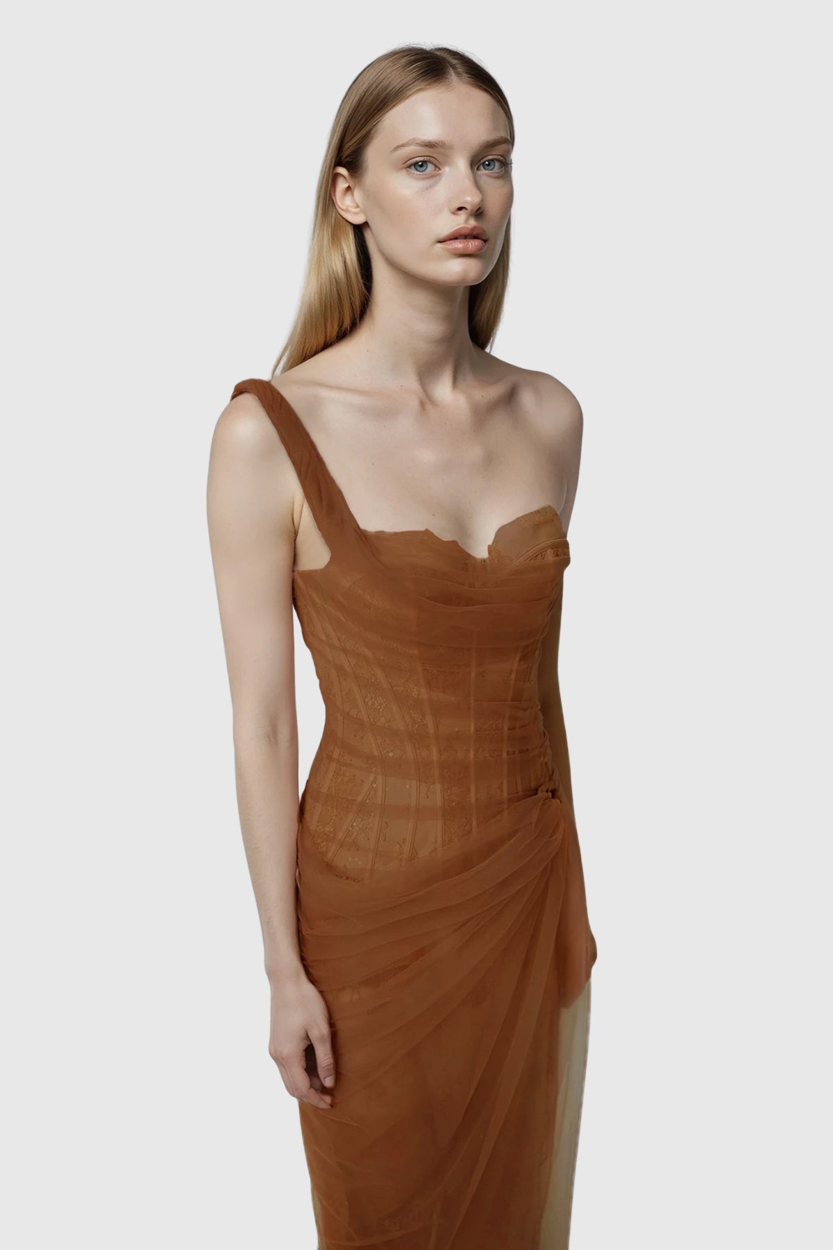 Dechen One Shoulder Corset Mesh Maxi Dress In Brown