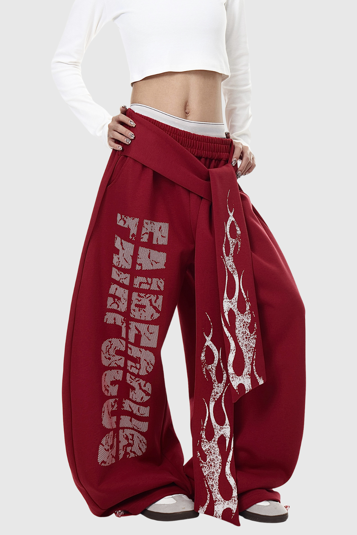 Deedee Tie Up Print Baggy Pants In Red