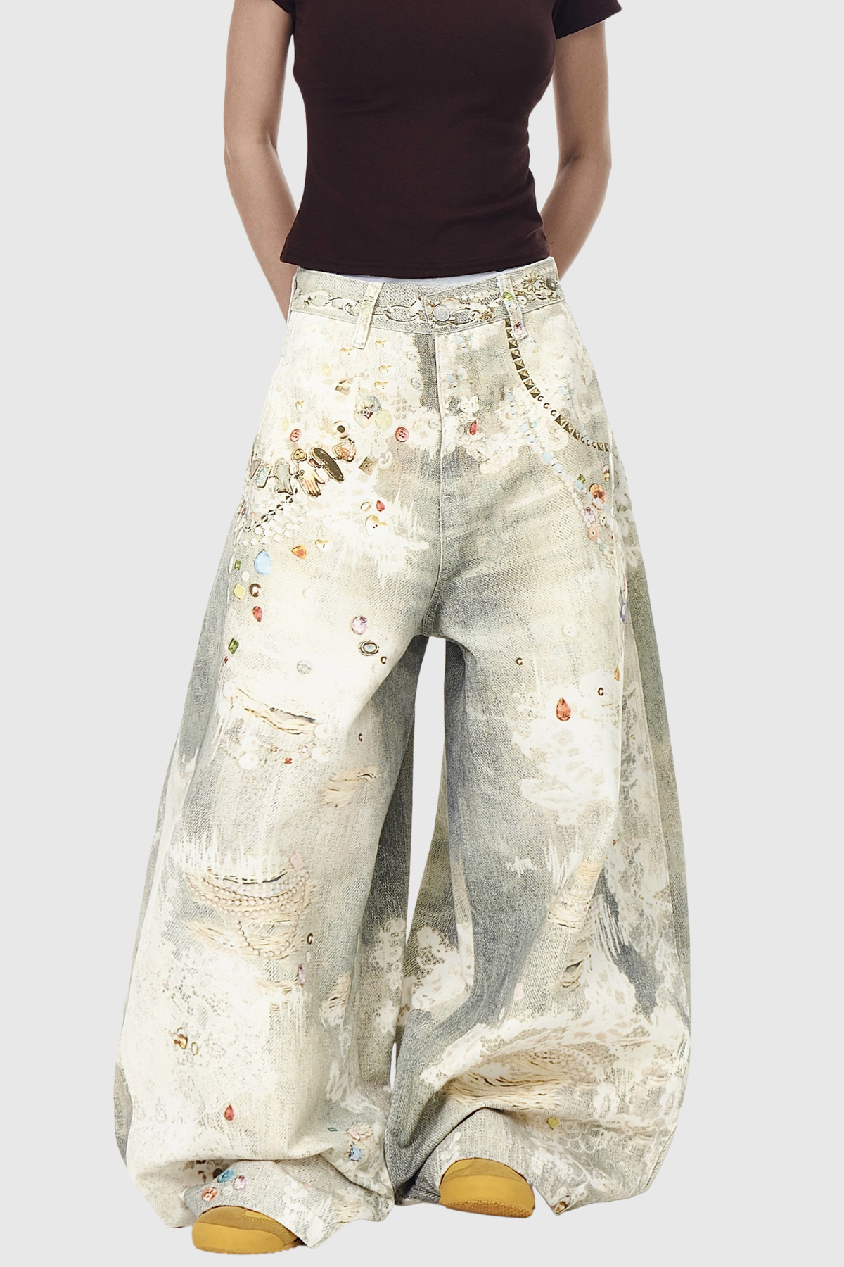 Deemer Print Bleach Dye Wide Leg Jeans
