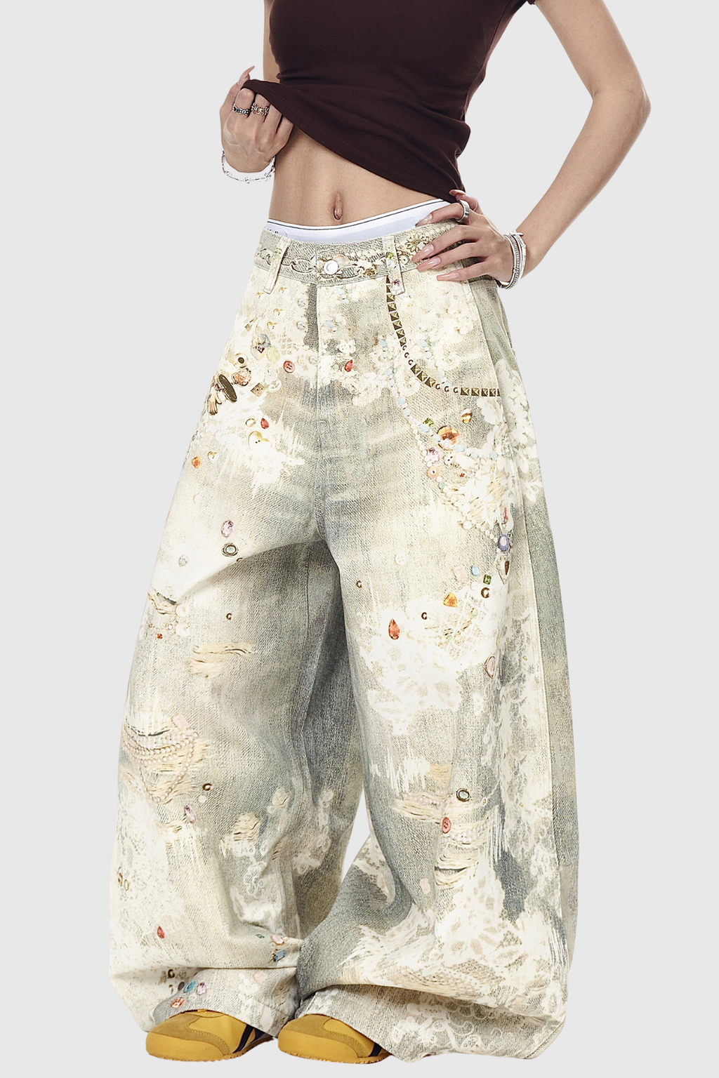 Deemer Print Bleach Dye Wide Leg Jeans