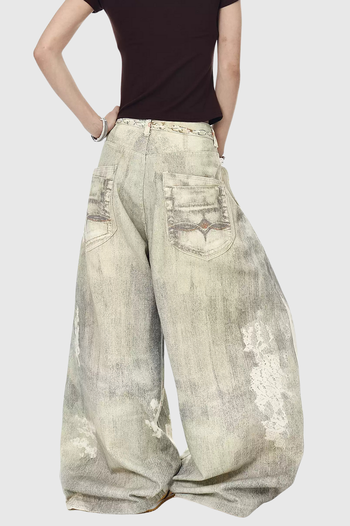 Deemer Print Bleach Dye Wide Leg Jeans