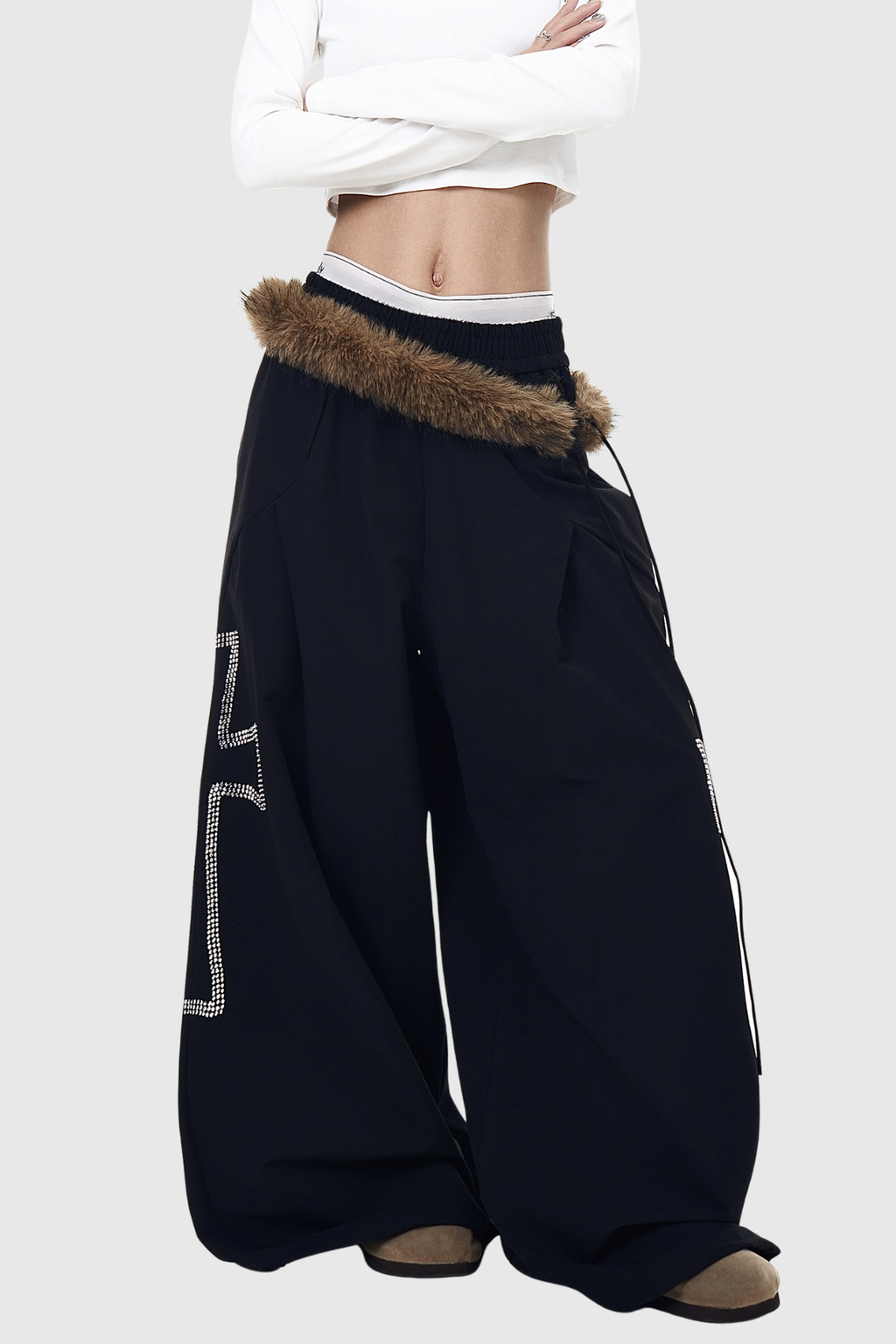 Deena Faux Fur Rhinestone Wide Leg Pants