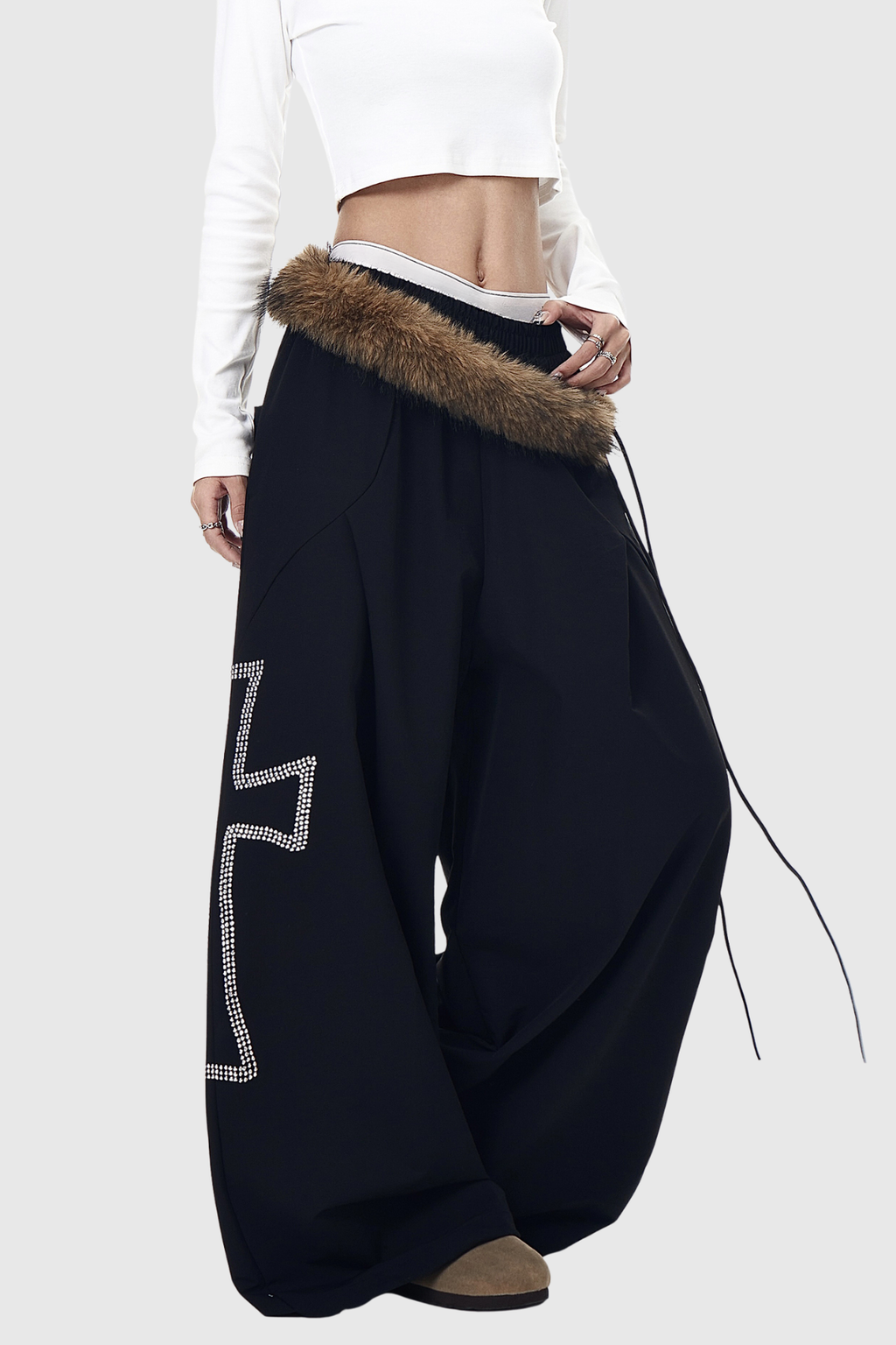 Deena Faux Fur Rhinestone Wide Leg Pants