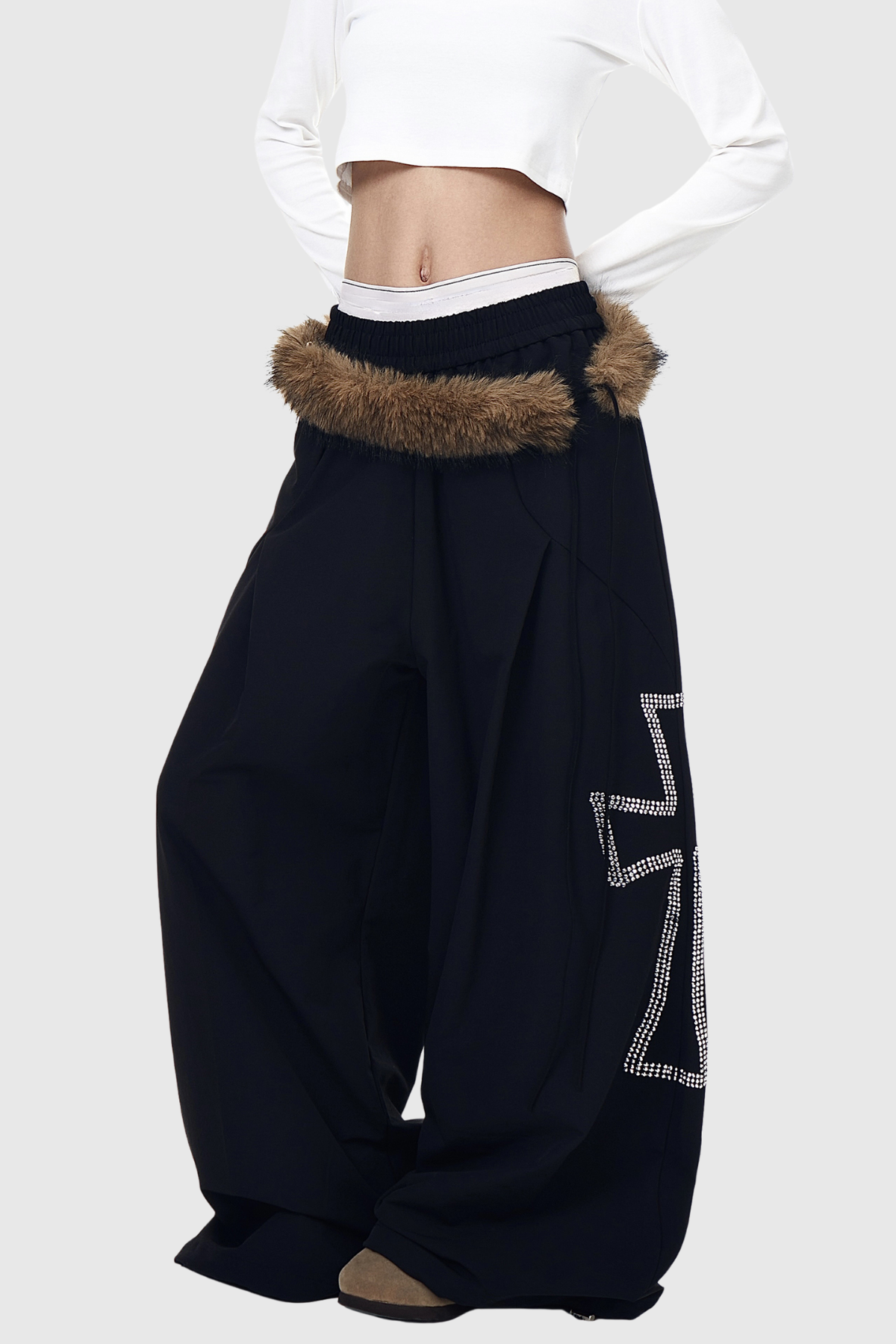 Deena Faux Fur Rhinestone Wide Leg Pants