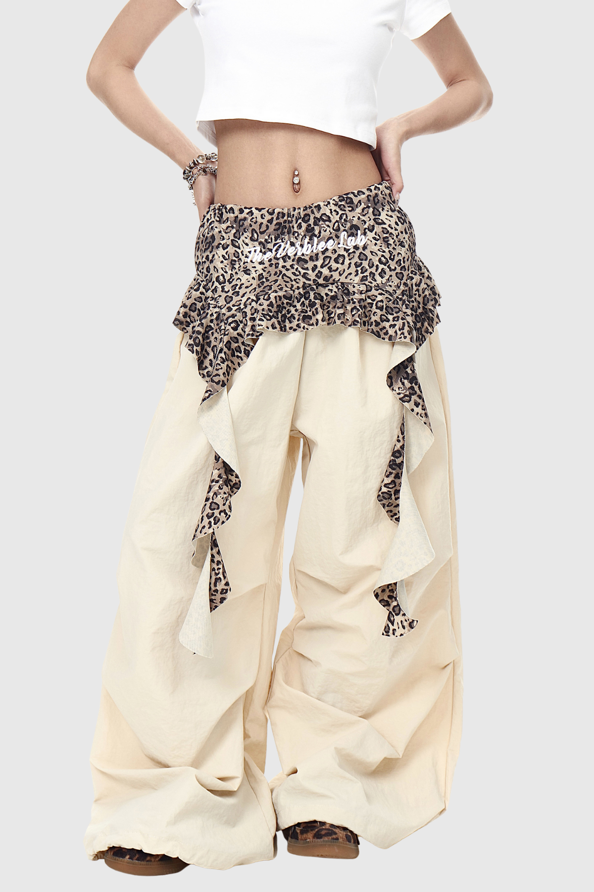 Deepak Leopard Ruffle Deconstruct Pants In Apricot