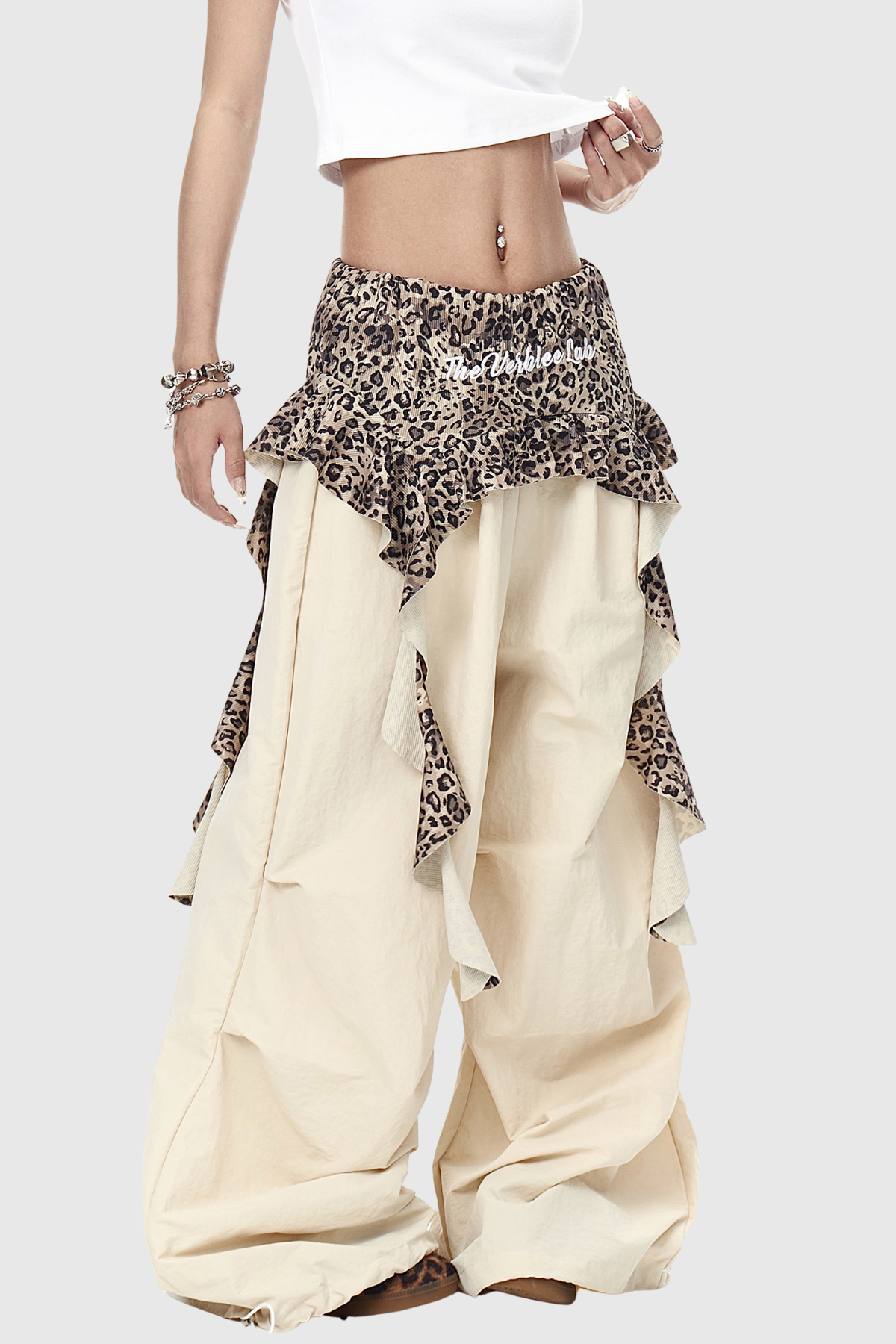 Deepak Leopard Ruffle Deconstruct Pants In Apricot