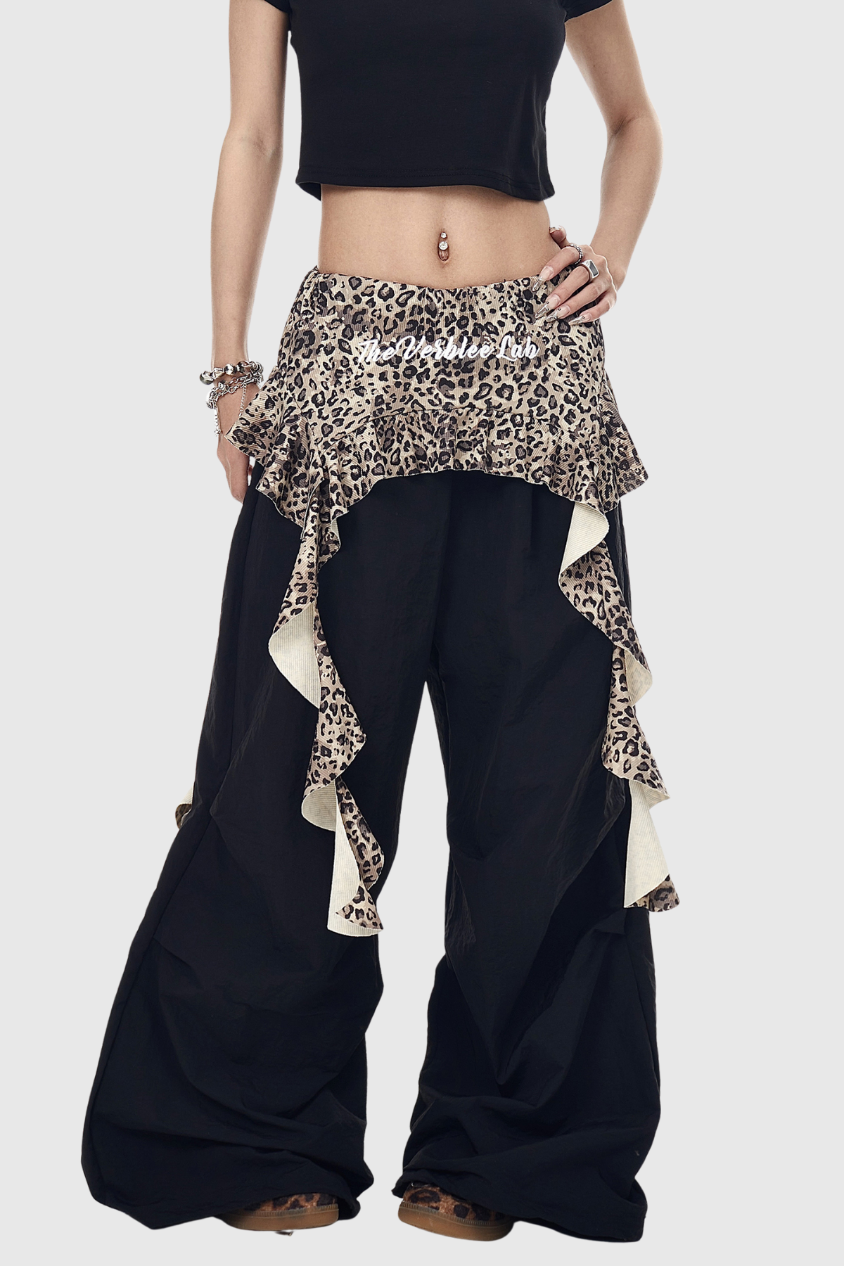 Deepak Leopard Ruffle Deconstruct Pants In Black