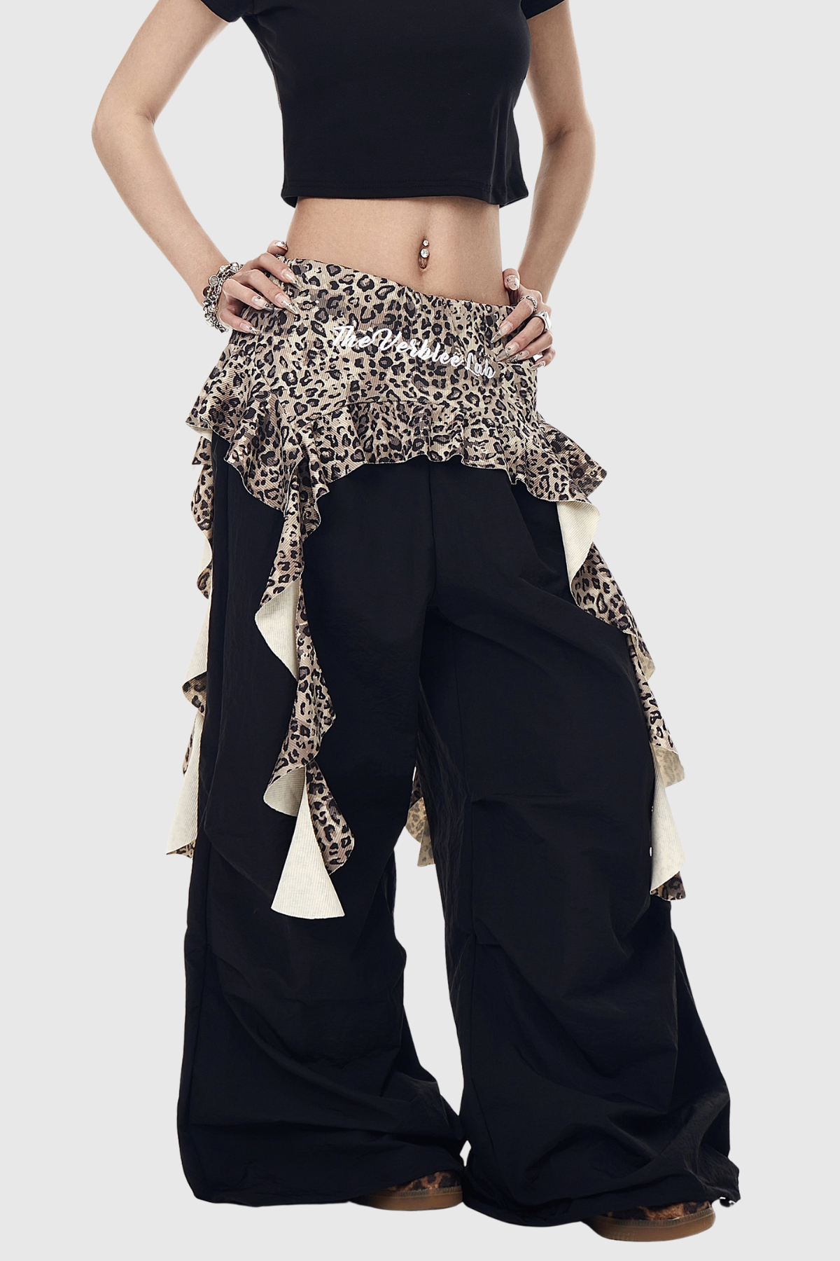 Deepak Leopard Ruffle Deconstruct Pants In Black