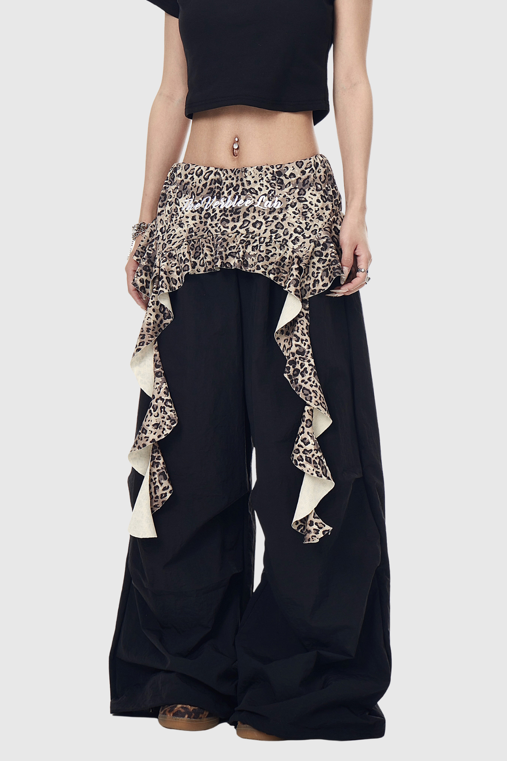 Deepak Leopard Ruffle Deconstruct Pants In Black