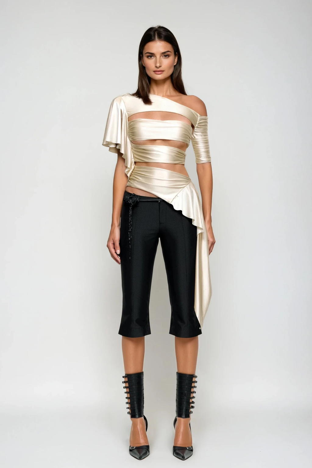 Deimne One Shoulder Cutout Satin Top