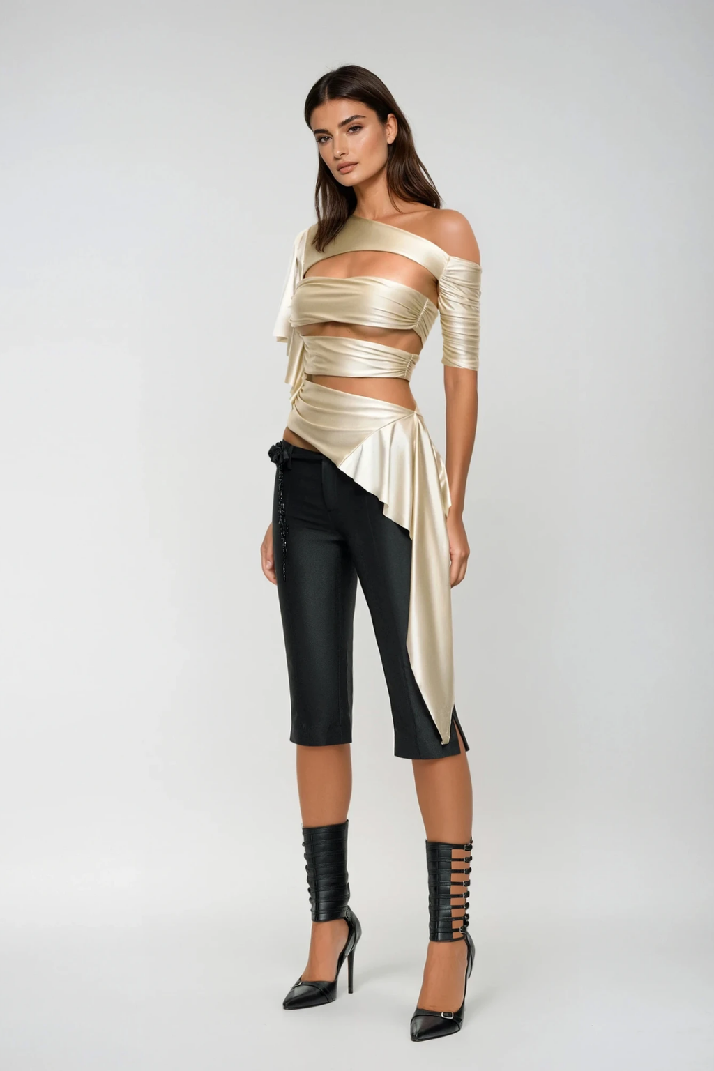 Deimne One Shoulder Cutout Satin Top