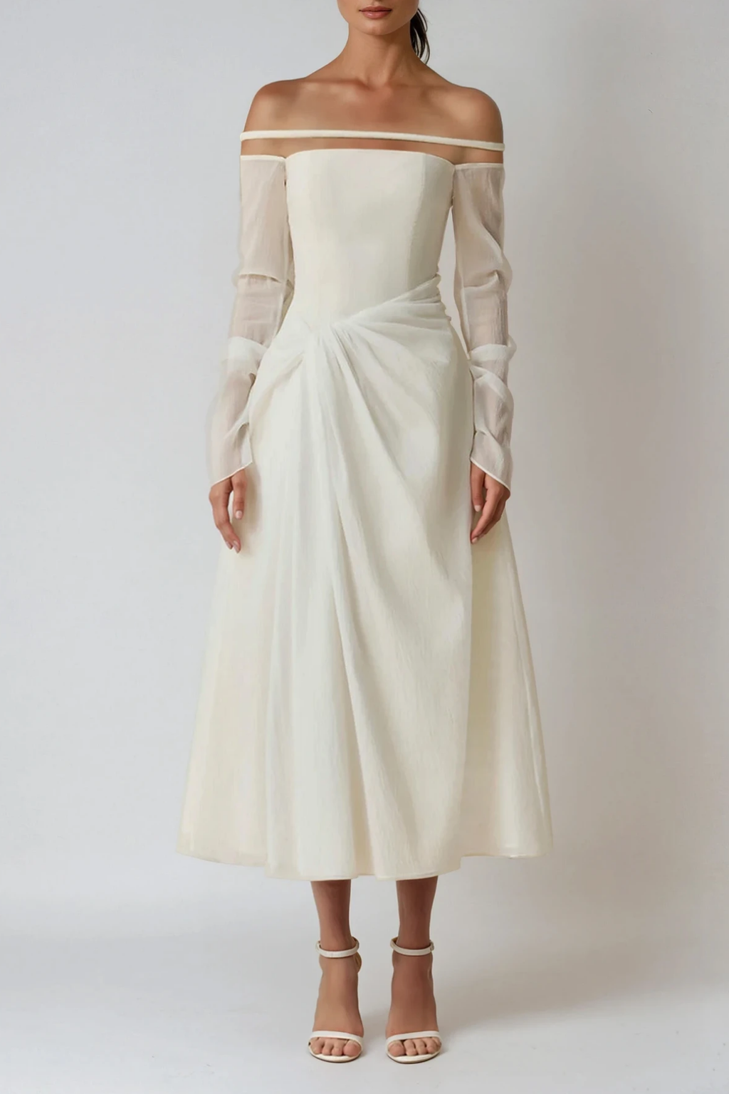 Deivids Off Shoulder Ruch Mesh Midi Dress