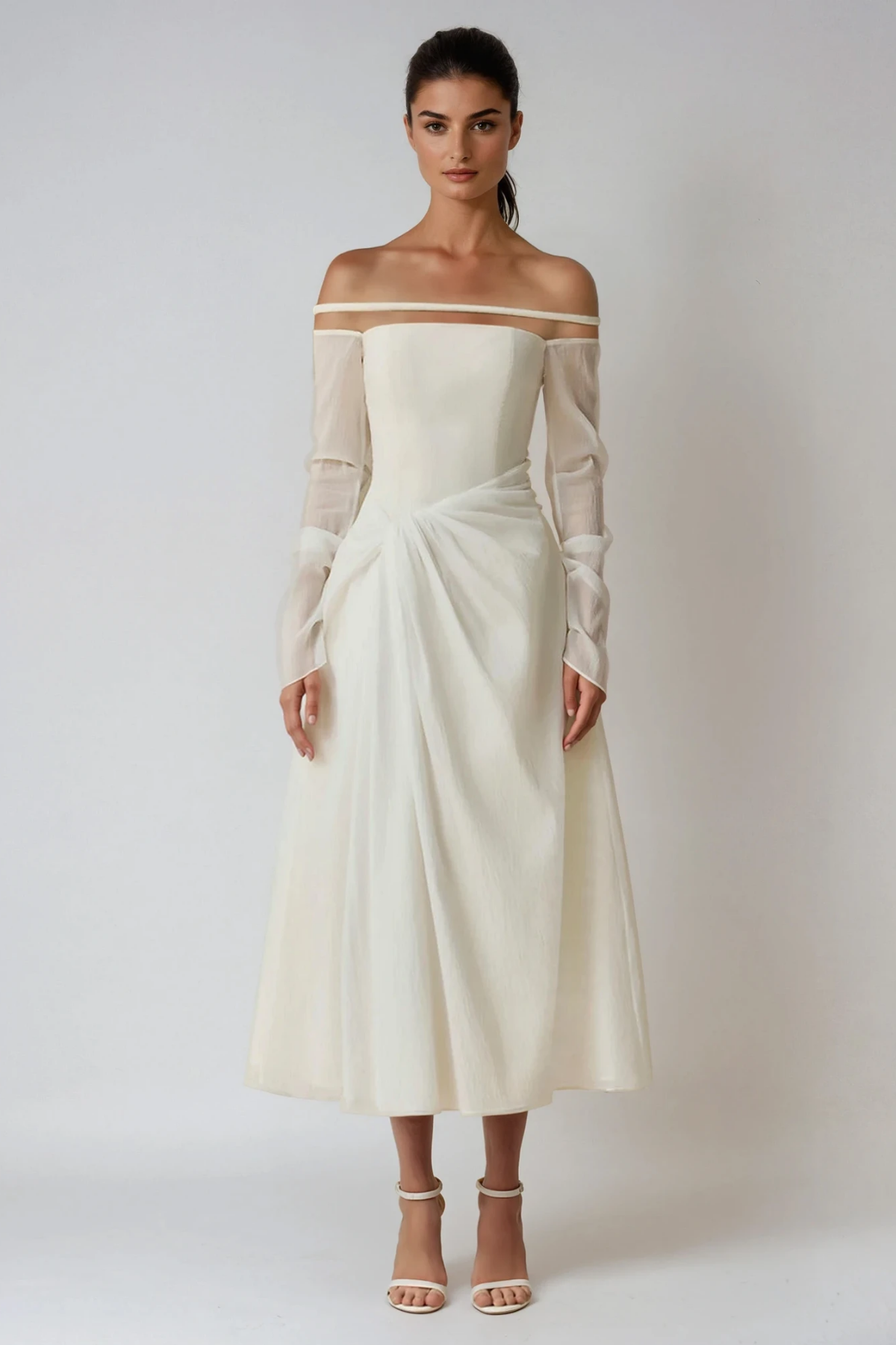 Deivids Off Shoulder Ruch Mesh Midi Dress