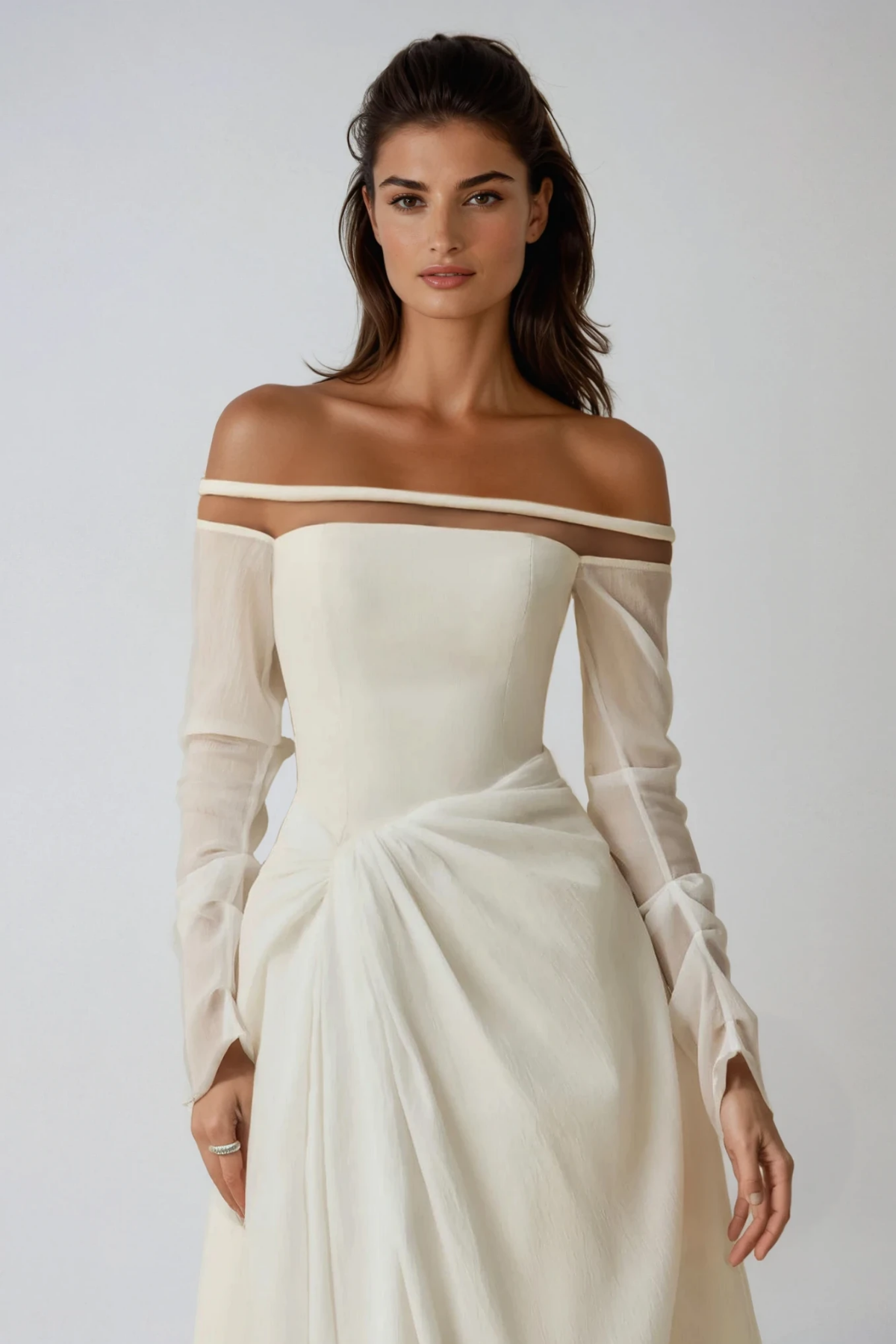 Deivids Off Shoulder Ruch Mesh Midi Dress