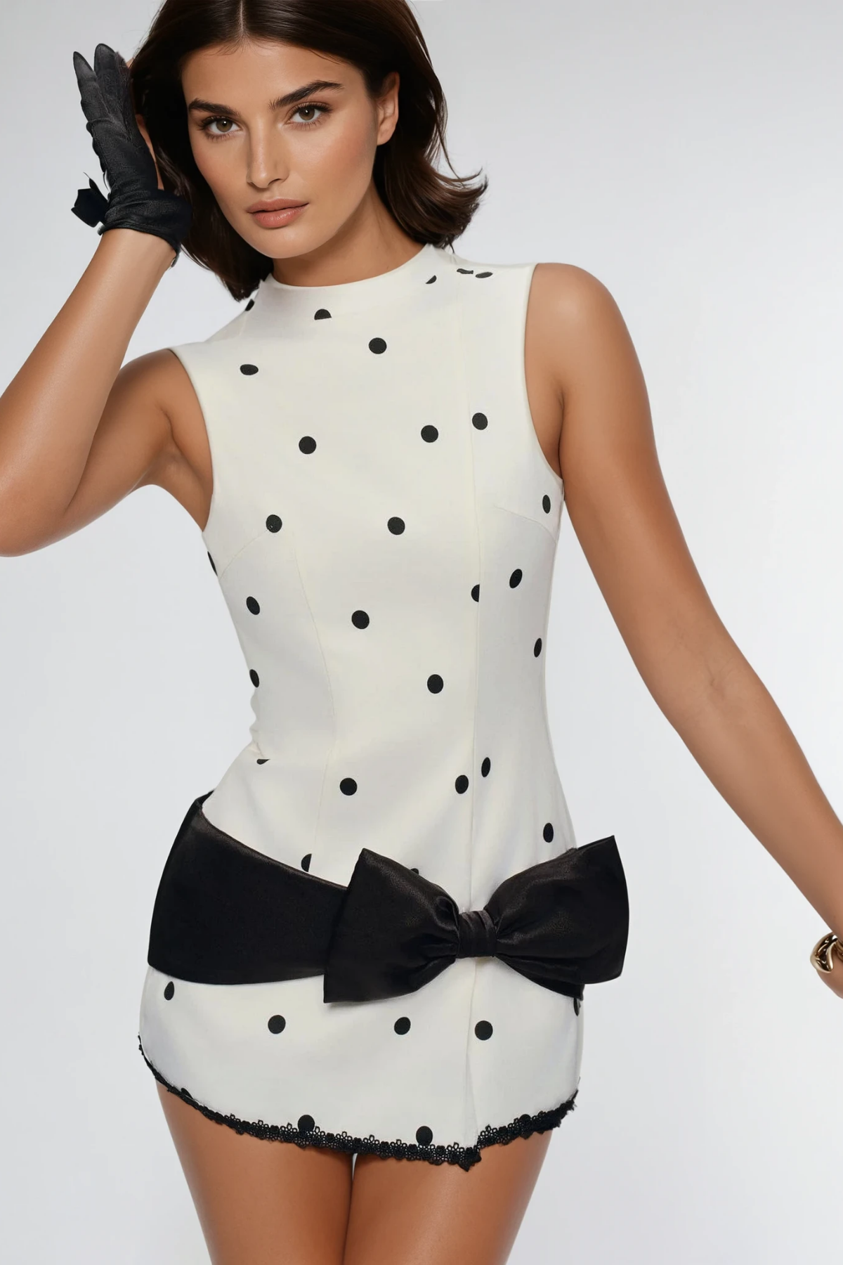 Deja Sleeveless Dot Bow Mini Dress