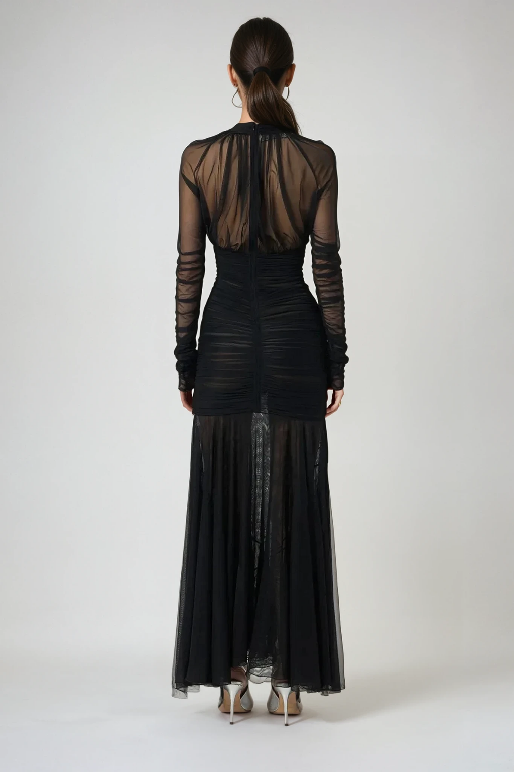 Dejana Plunge Ruch Mesh Maxi Dress