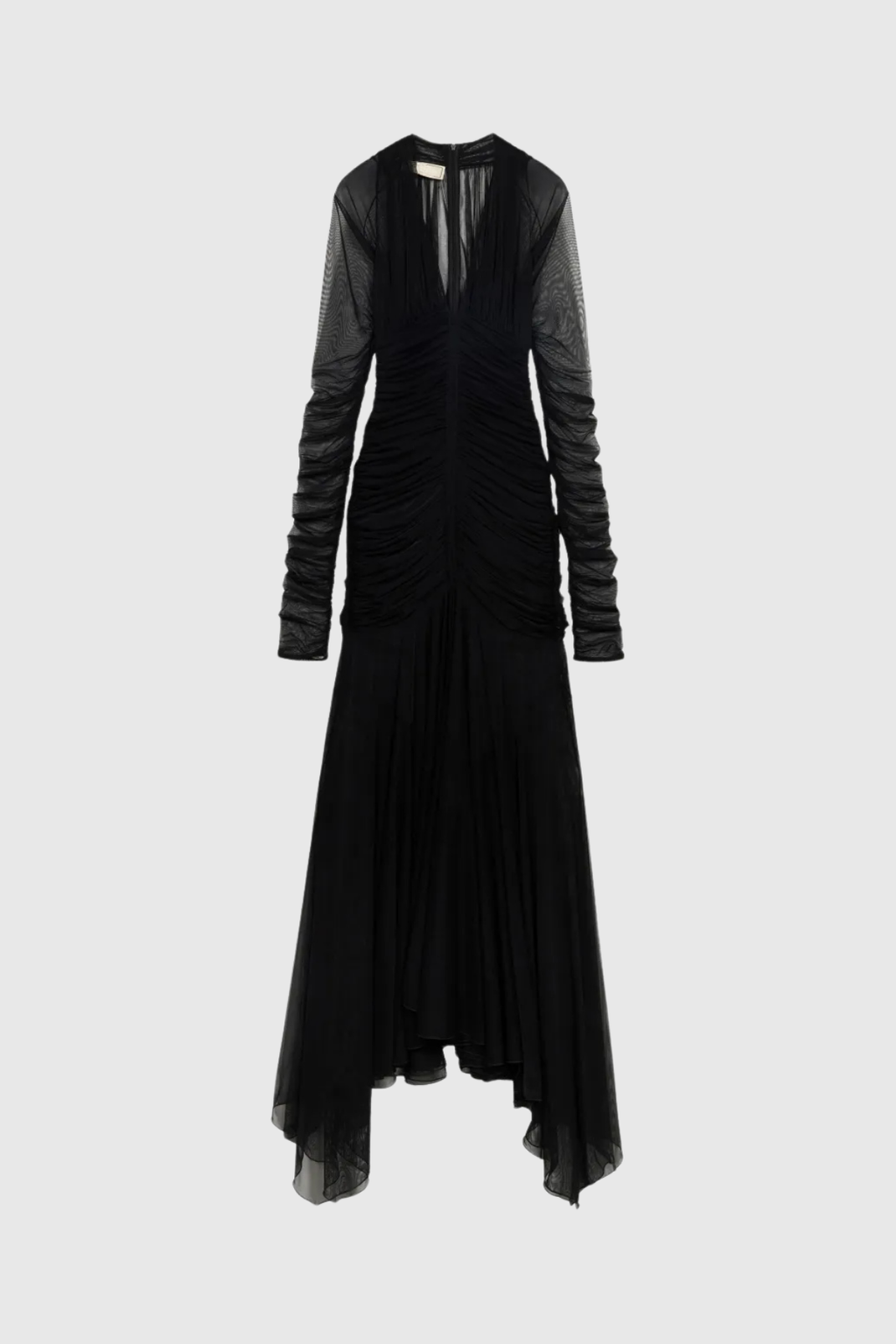 Dejana Plunge Ruch Mesh Maxi Dress