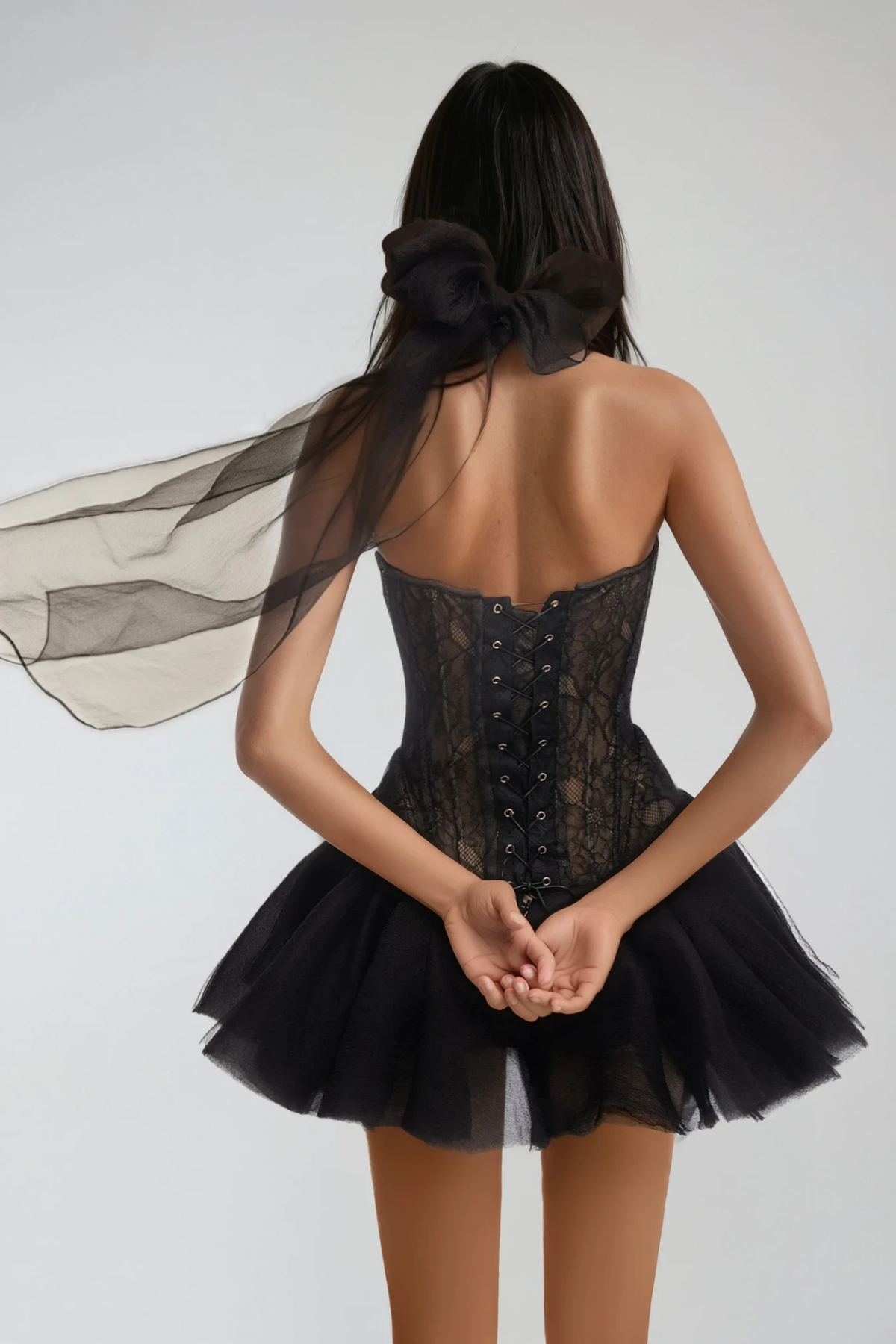 Denis Lace Up Lace Puffy Mini Dress