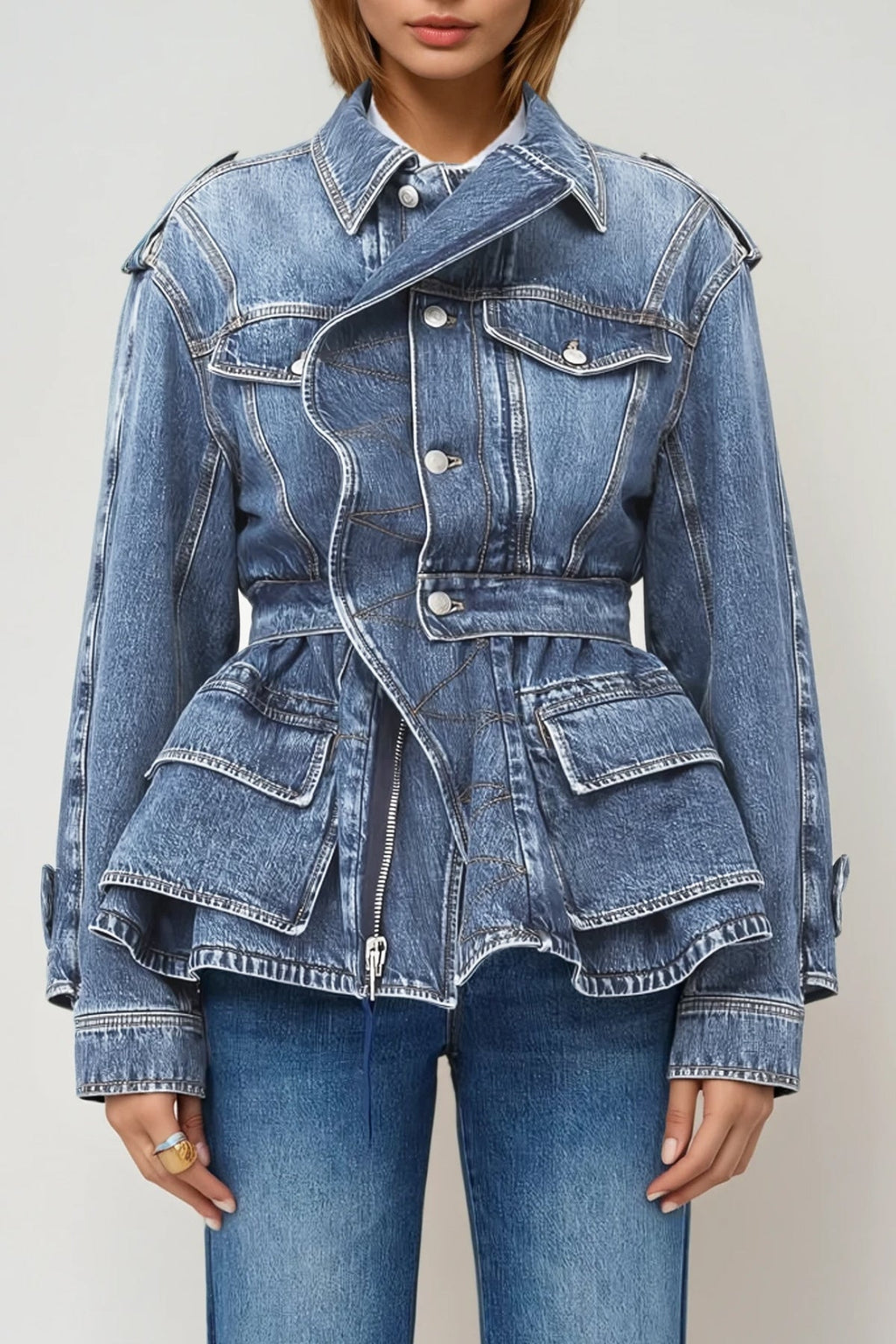 Deniz Asymmetric Ruffle Denim Jacket