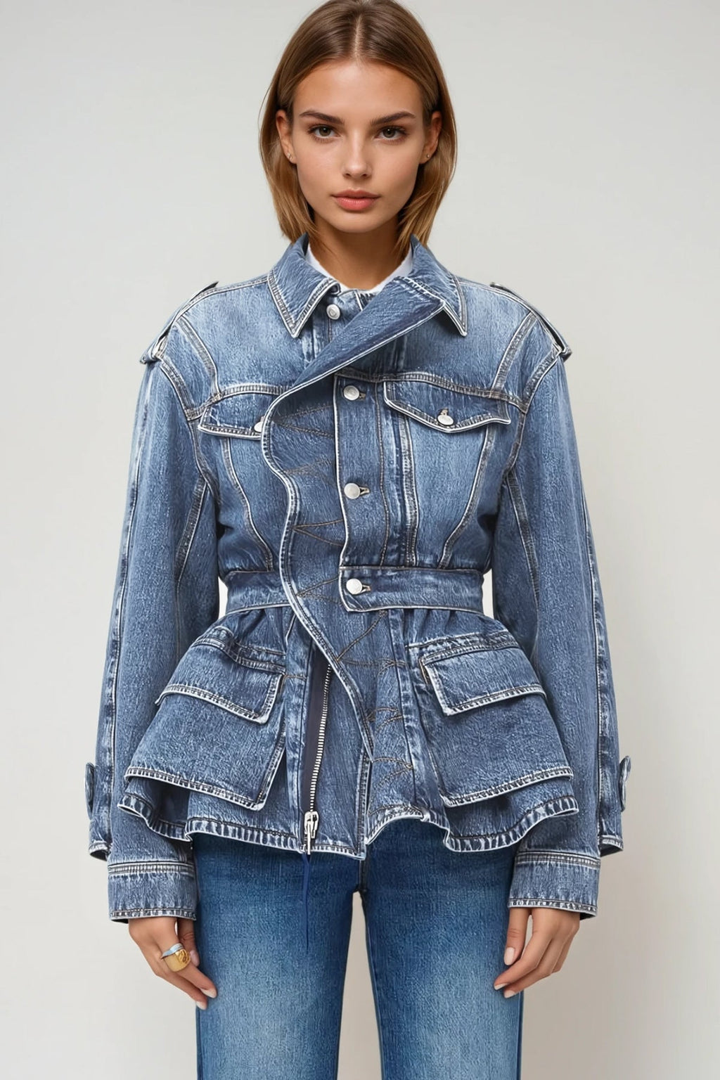 Deniz Asymmetric Ruffle Denim Jacket