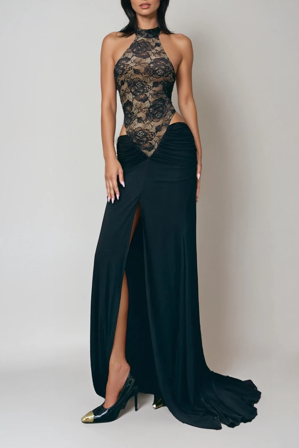 Deolinda Cutout High Split Lace Maxi Dress