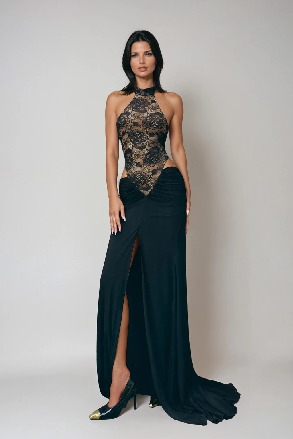 Deolinda Cutout High Split Lace Maxi Dress