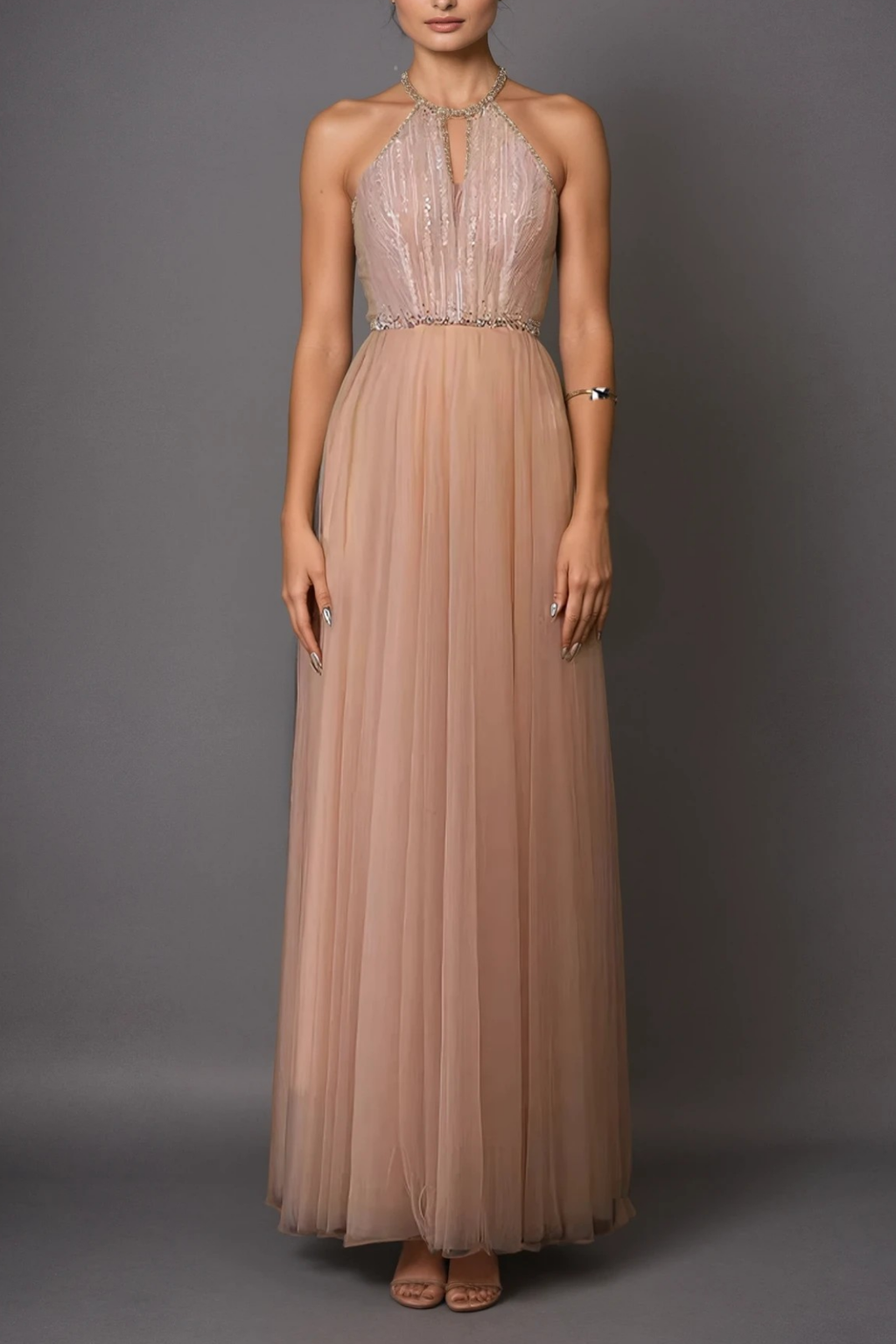 Derby Halter Neck Crystal Mesh Maxi Dress