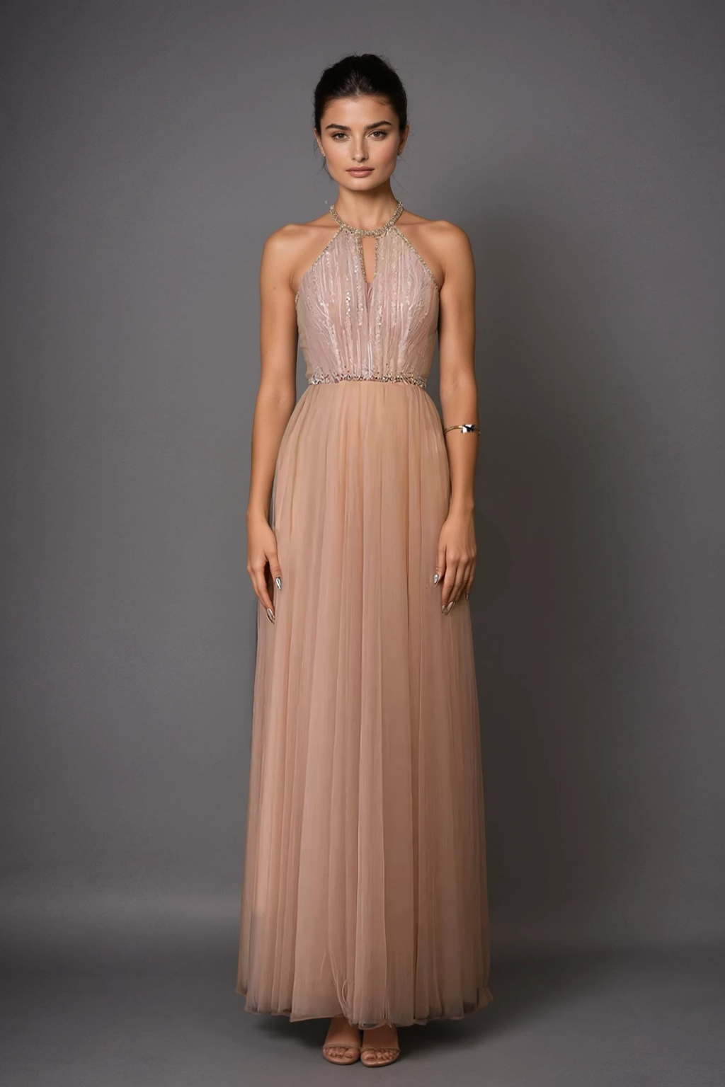 Derby Halter Neck Crystal Mesh Maxi Dress