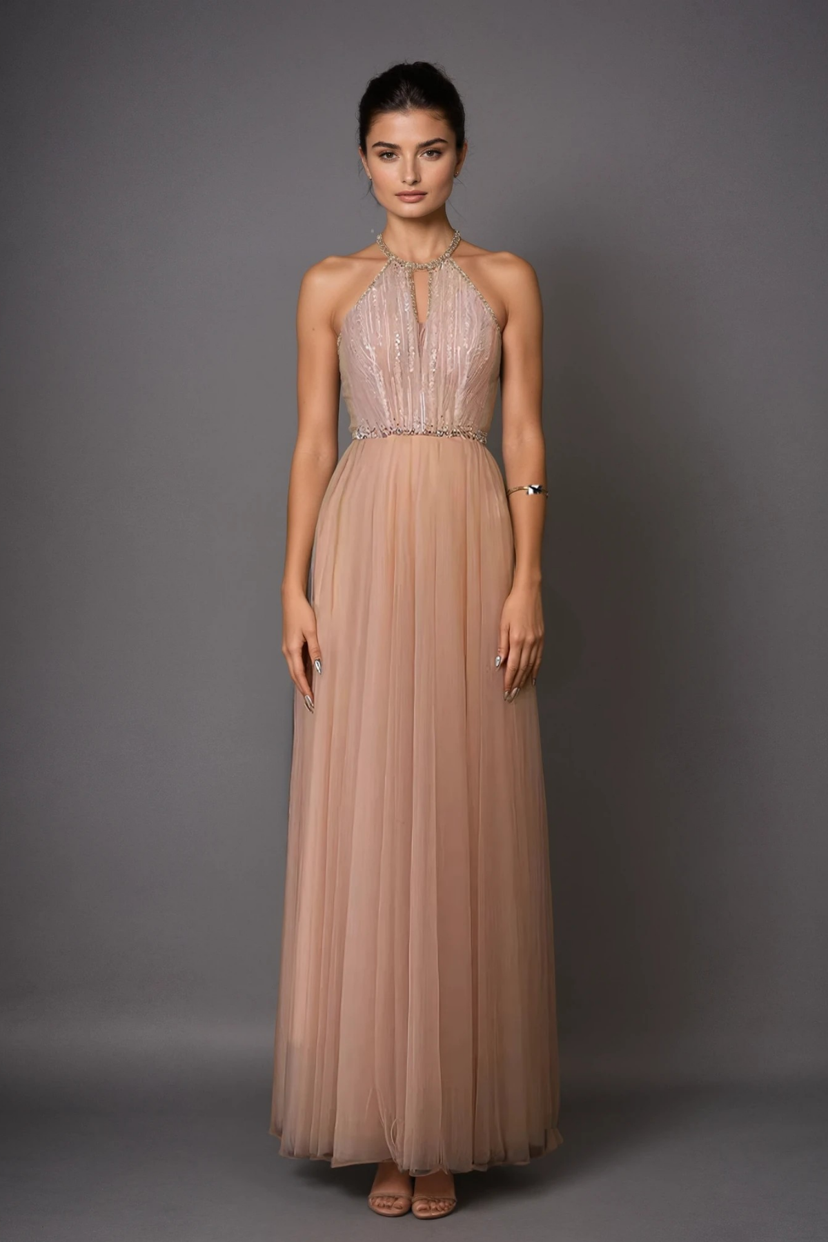 Derby Halter Neck Crystal Mesh Maxi Dress