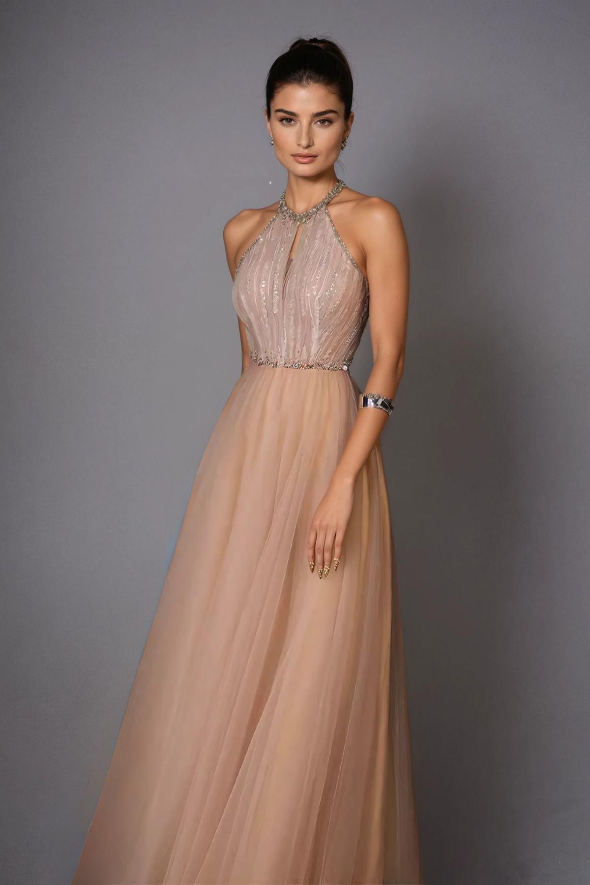 Derby Halter Neck Crystal Mesh Maxi Dress