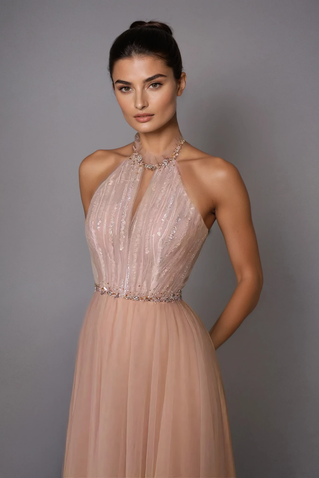 Derby Halter Neck Crystal Mesh Maxi Dress