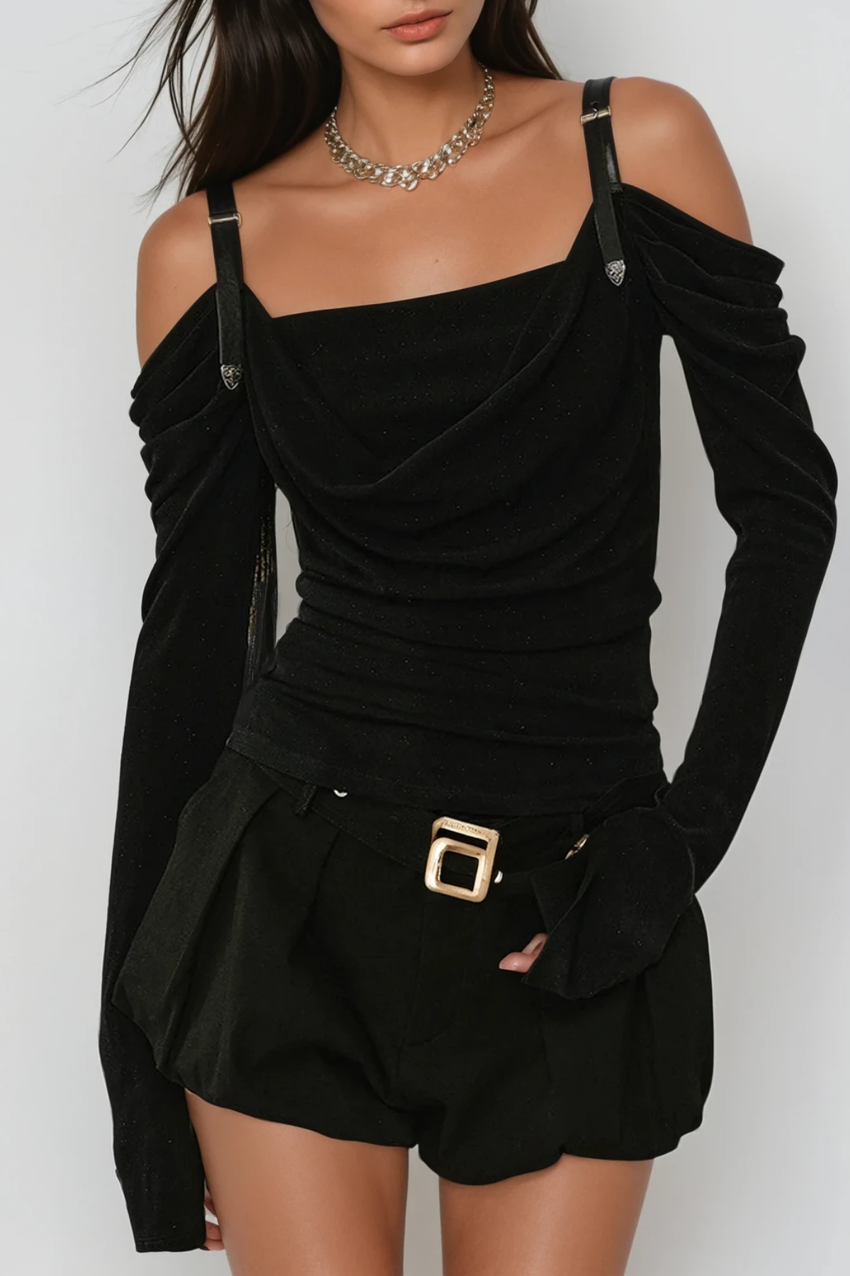 Derren Off Shoulder Deconstruct Ruch Top In Black