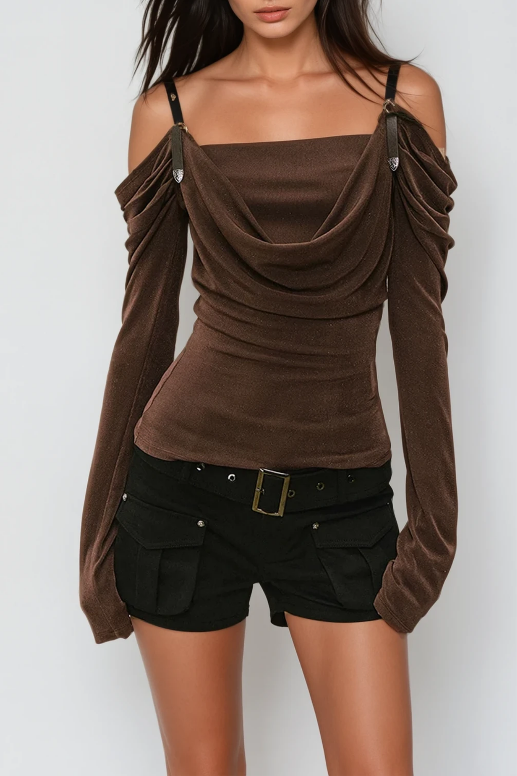 Derren Off Shoulder Deconstruct Ruch Top In Brown