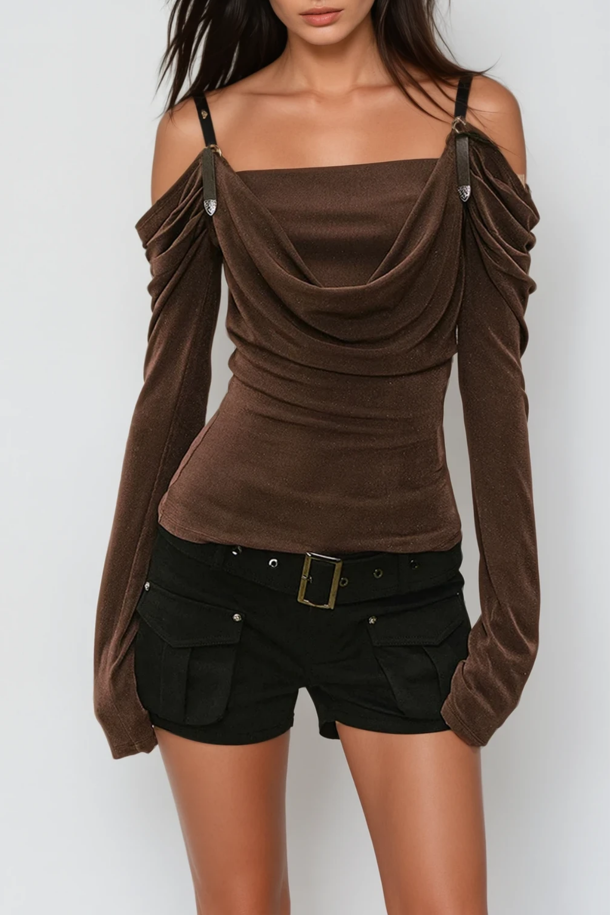Derren Off Shoulder Deconstruct Ruch Top In Brown