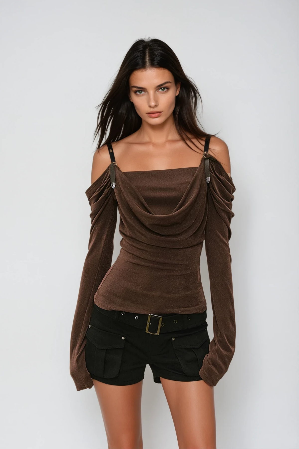 Derren Off Shoulder Deconstruct Ruch Top In Brown