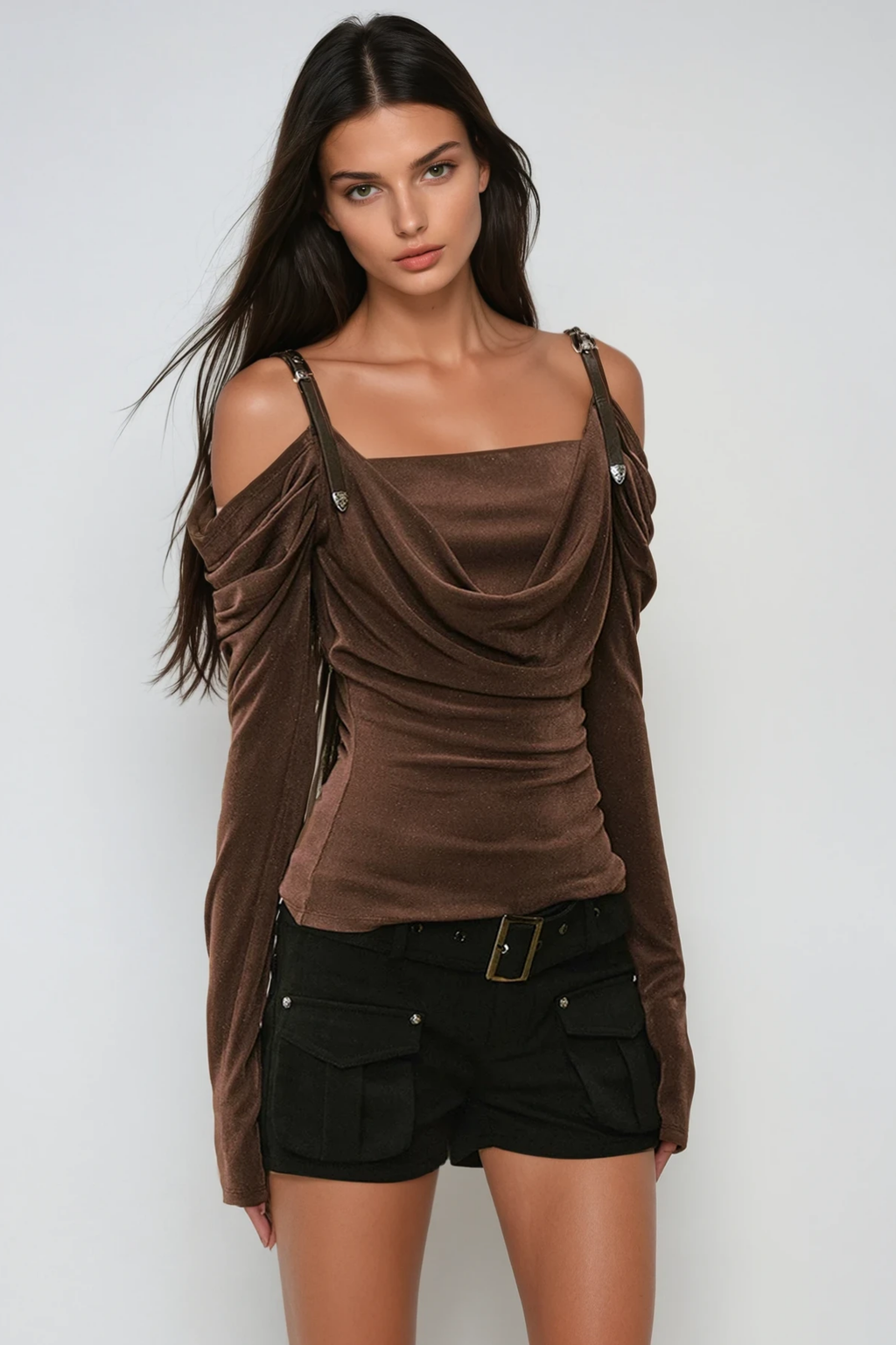 Derren Off Shoulder Deconstruct Ruch Top In Brown