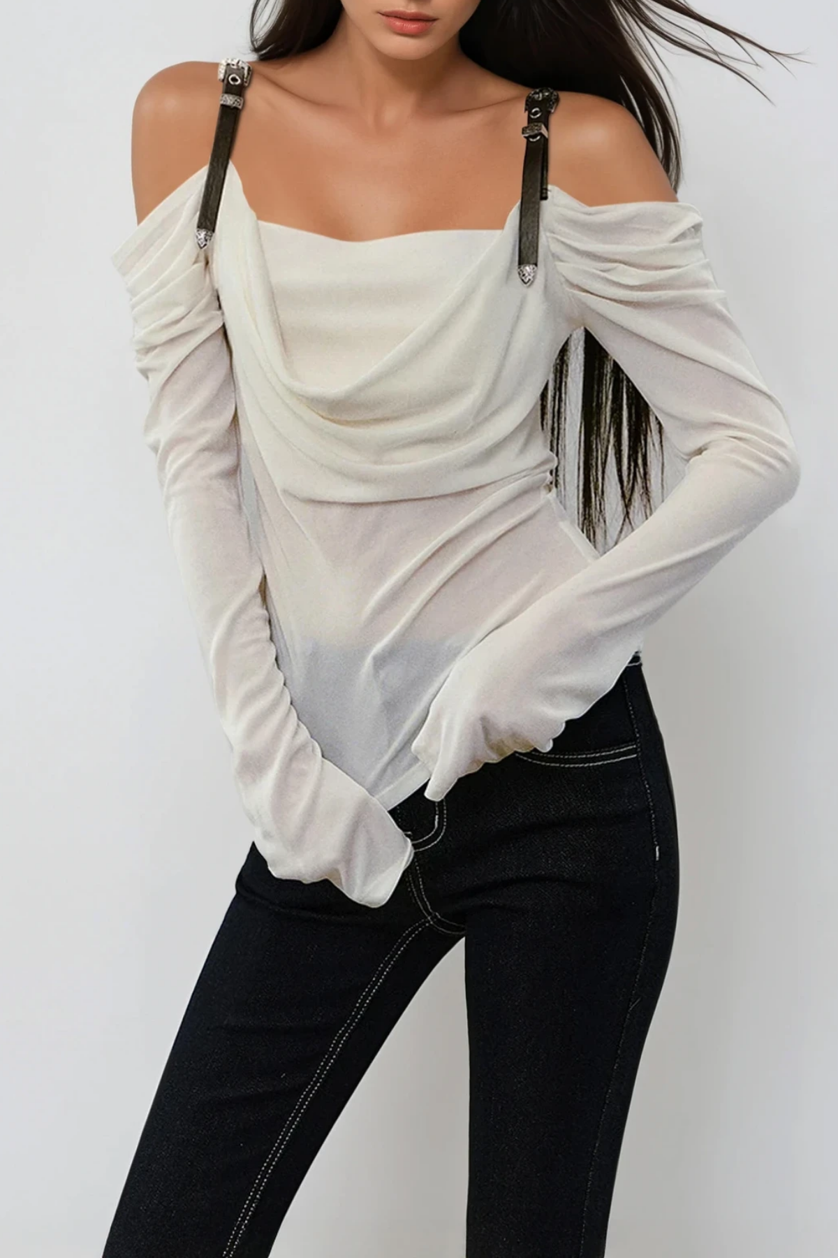 Derren Off Shoulder Deconstruct Ruch Top In White