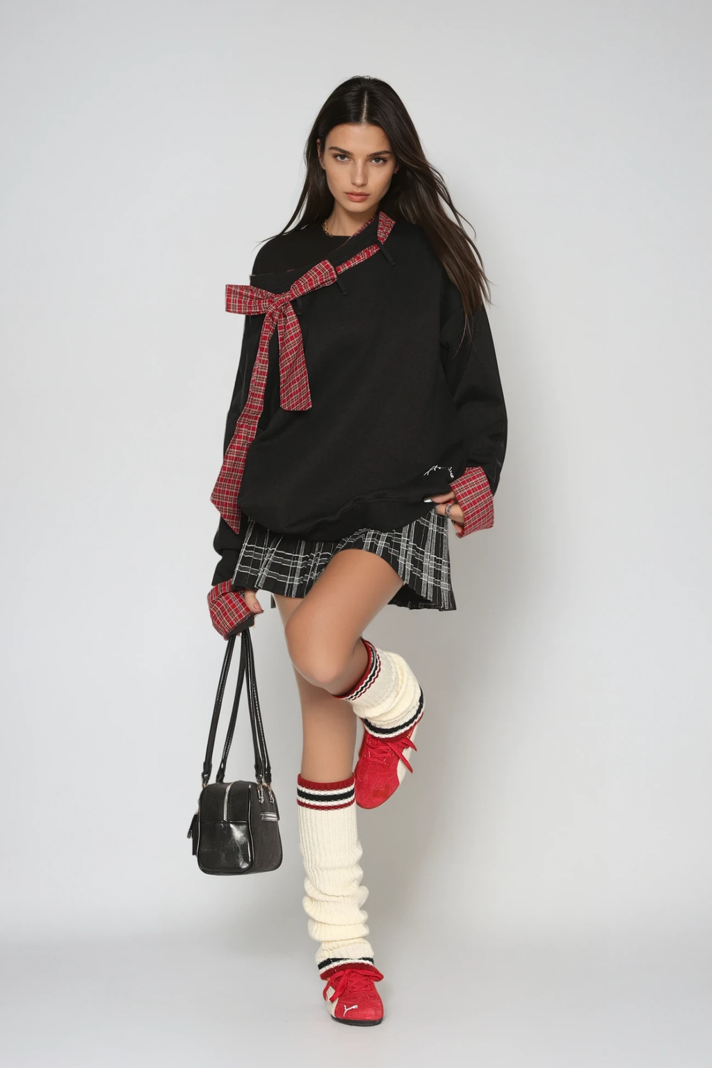 Derrick Grid Bow Asymmetric Top In Black