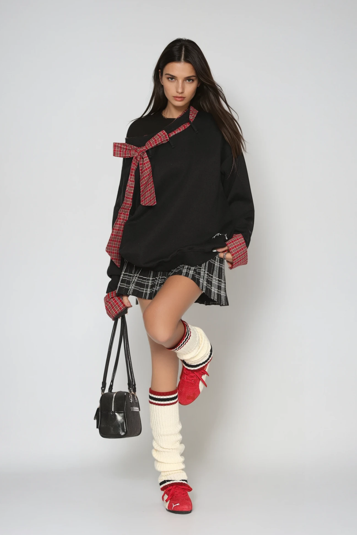 Derrick Grid Bow Asymmetric Top In Black