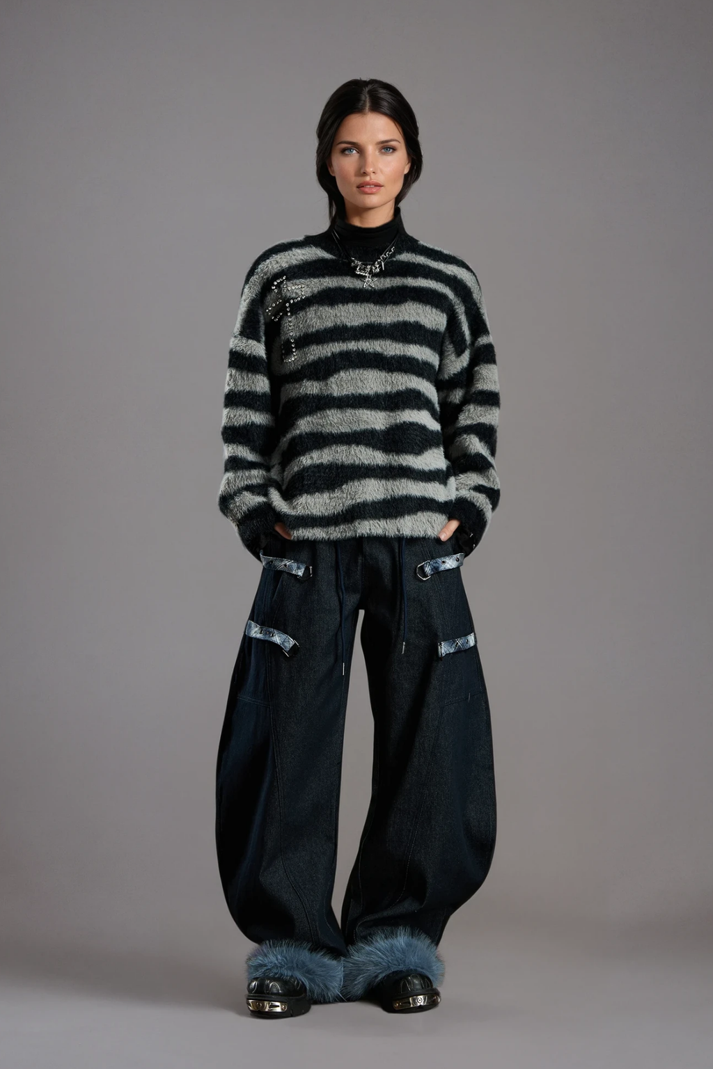 Deryck Deconstruct Print Faux Fur Jeans In Blue