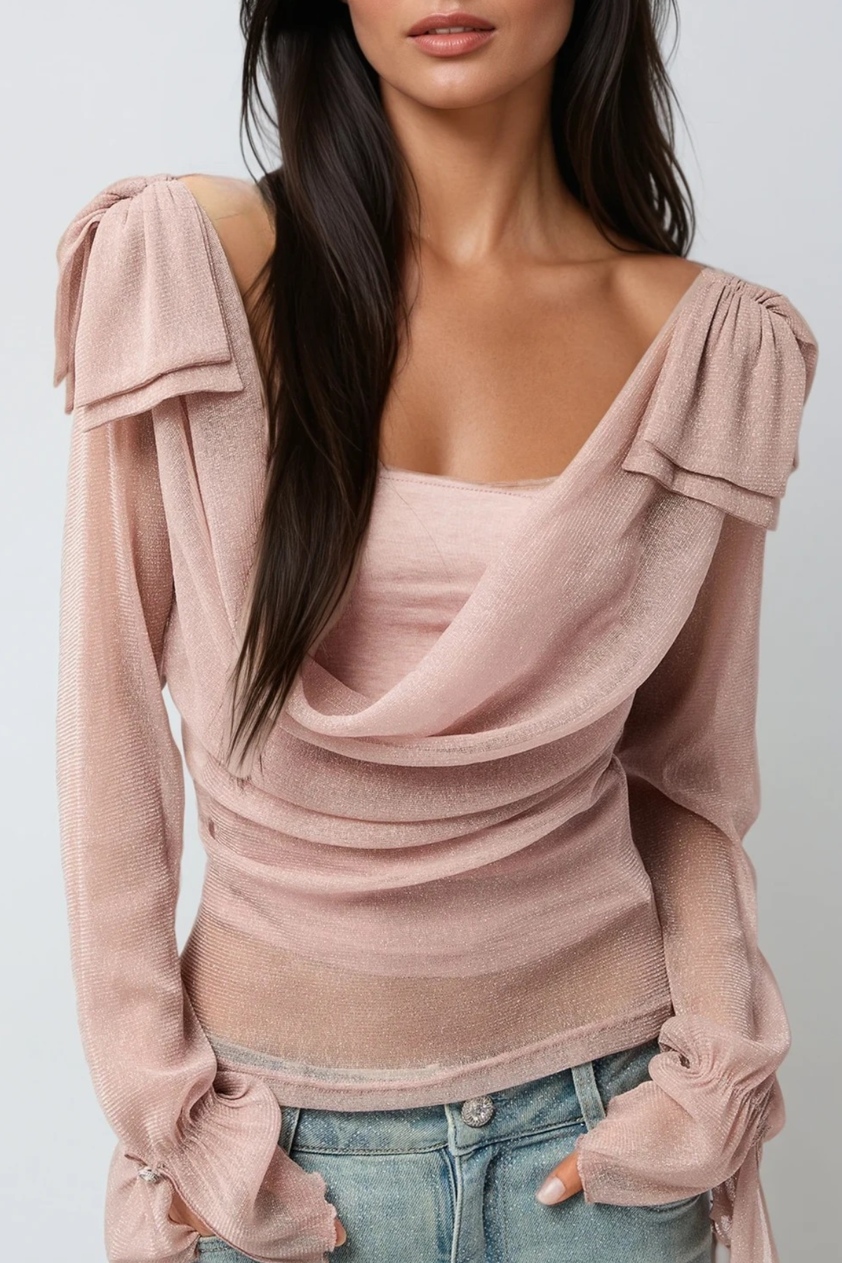Desideria Cowl Neck Glitter Ruch Top In Pink