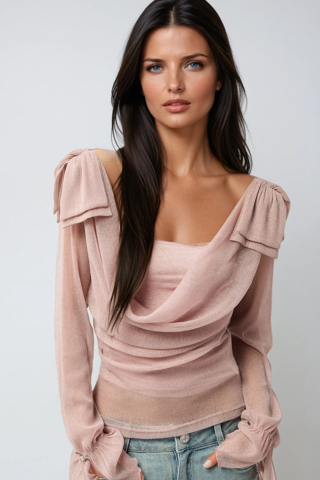 Desideria Cowl Neck Glitter Ruch Top In Pink