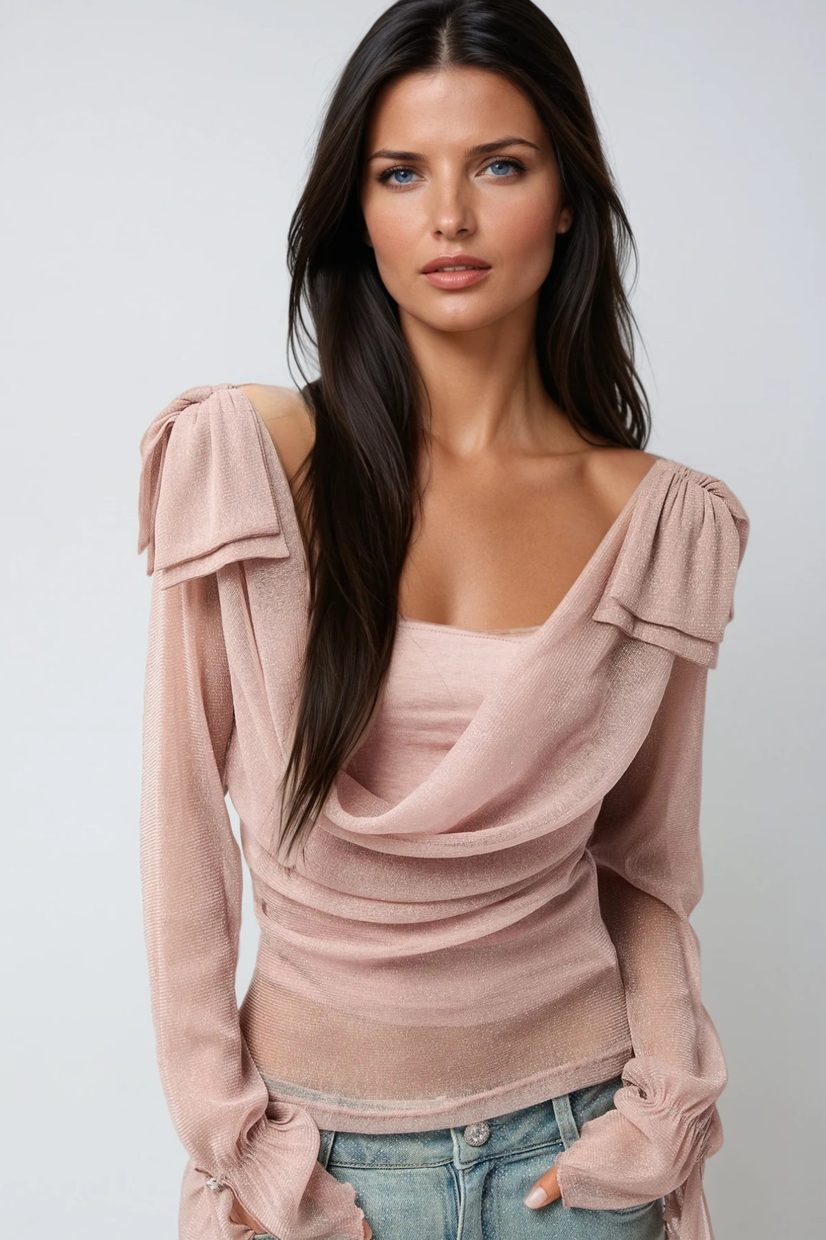 Desideria Cowl Neck Glitter Ruch Top In Pink